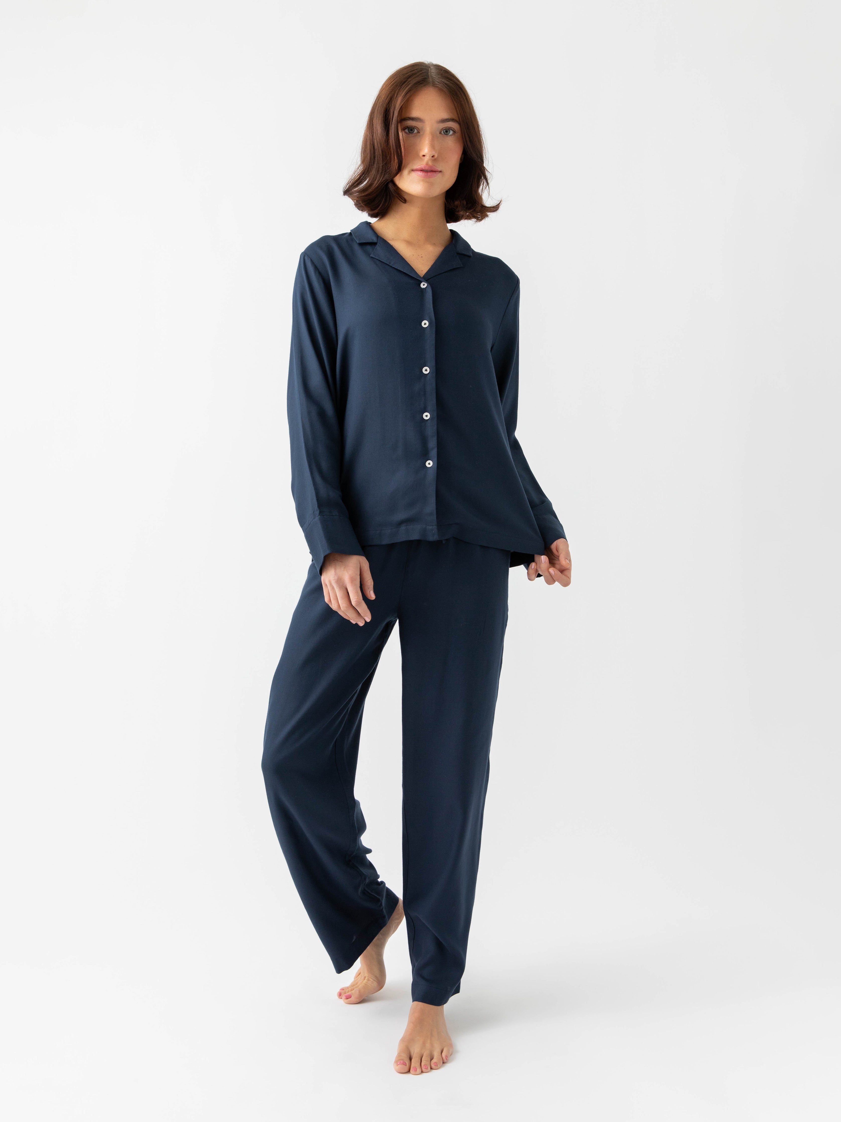 Woman in soft woven eclipse pajama set with white background |Color:Eclipse