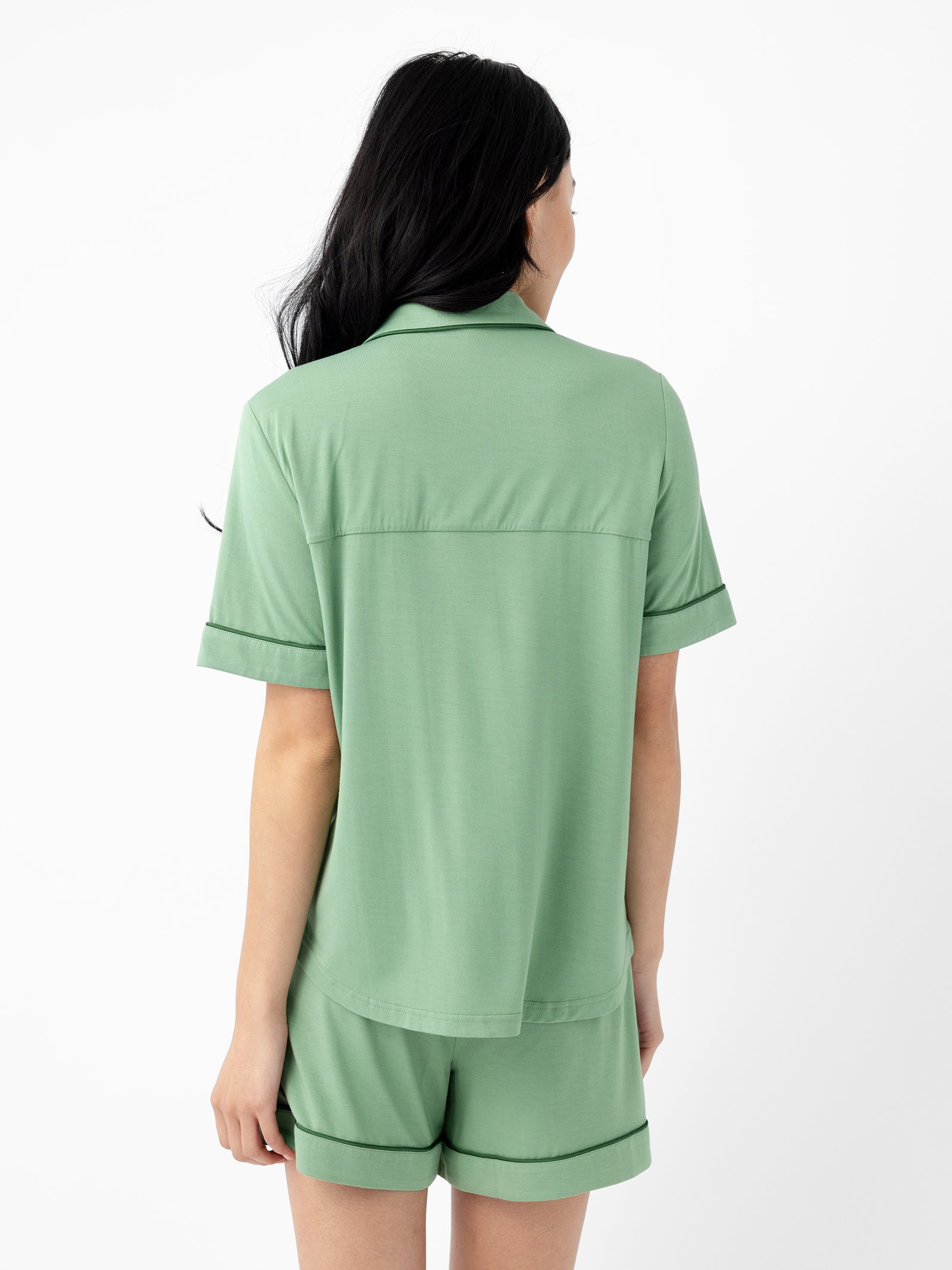 Woman wearing Women's Short Sleeve Bamboo Pajama Top in Stretch-Knit - Fern 