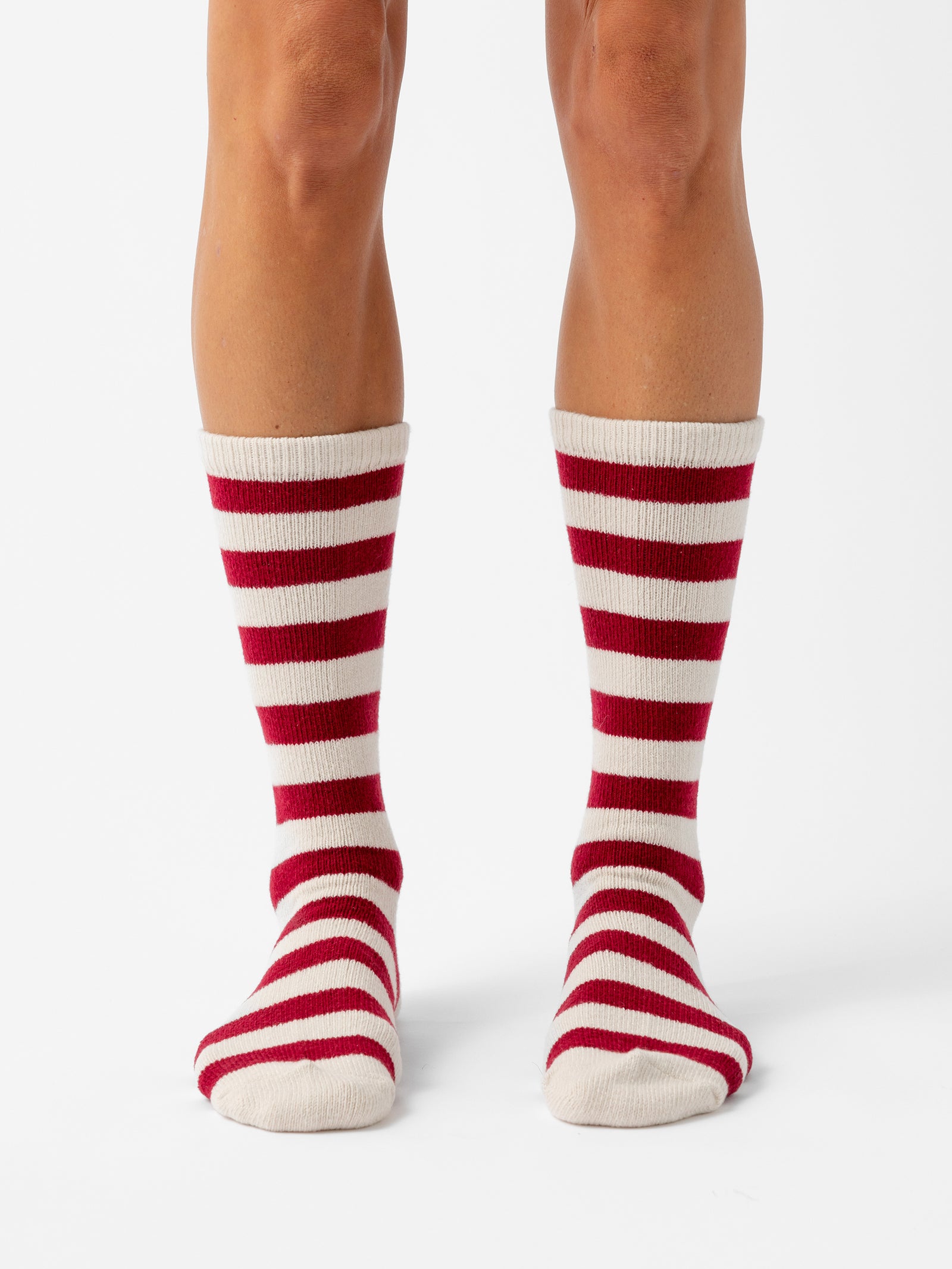 Person wearing Striped Plush Lounge Socks in Garnet 