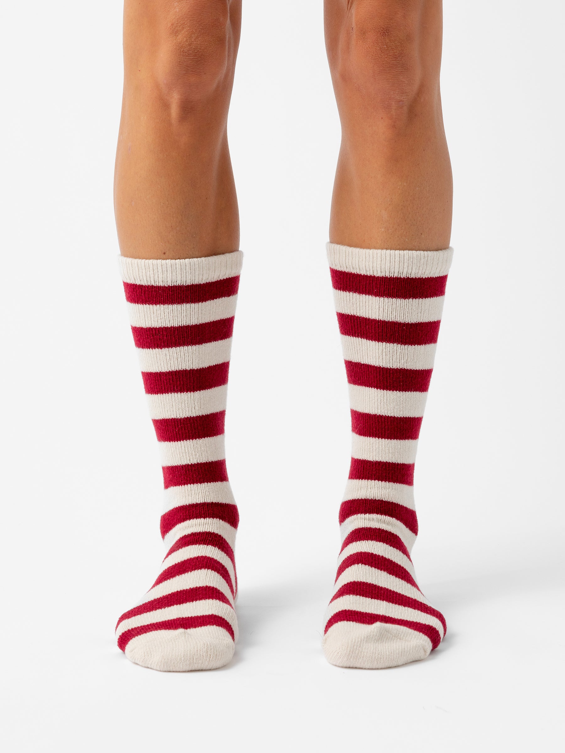 Person wearing Striped Plush Lounge Socks in Garnet |Color:Garnet