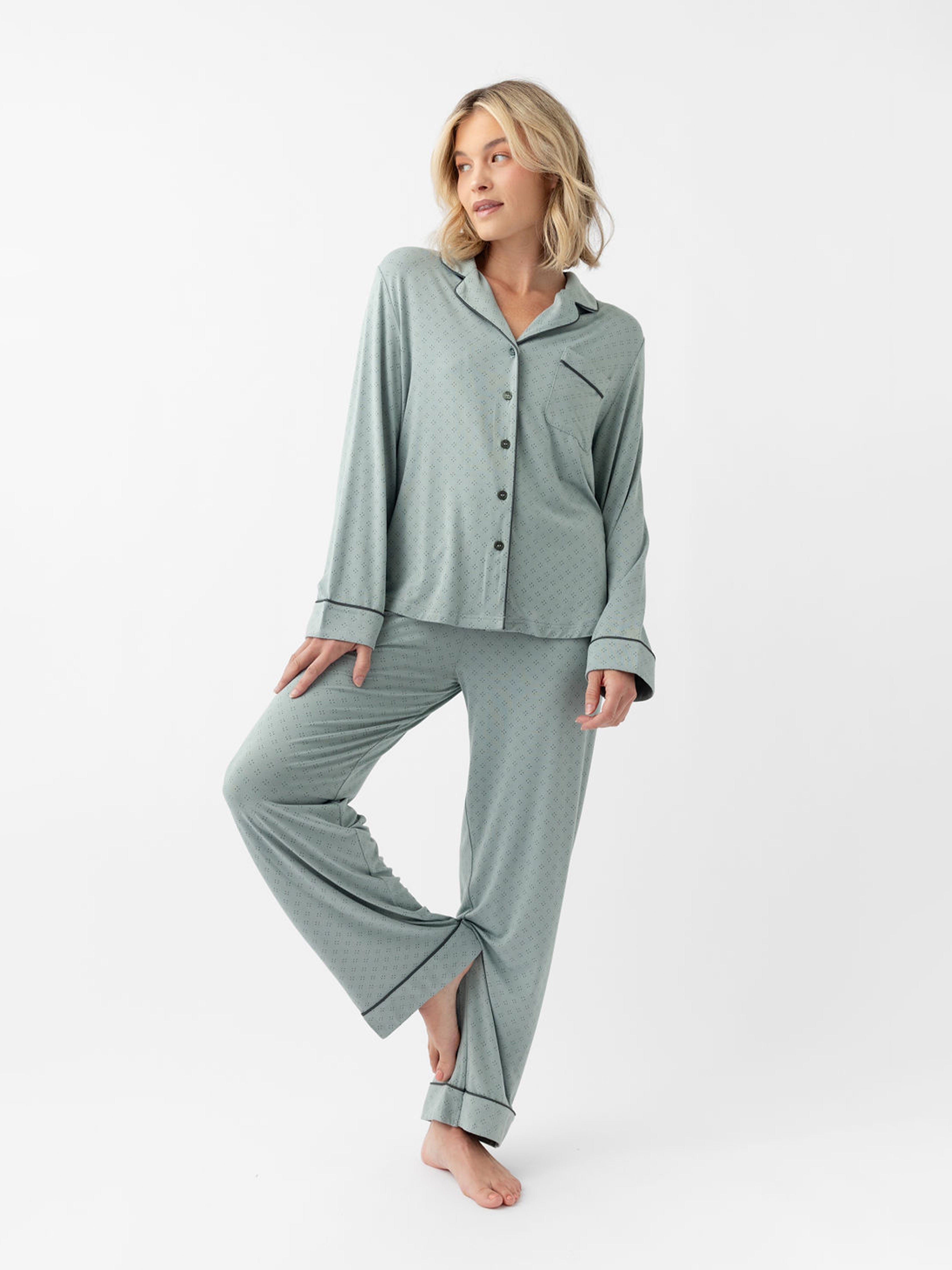 Woman in haze diamond dot pajama set with white background 