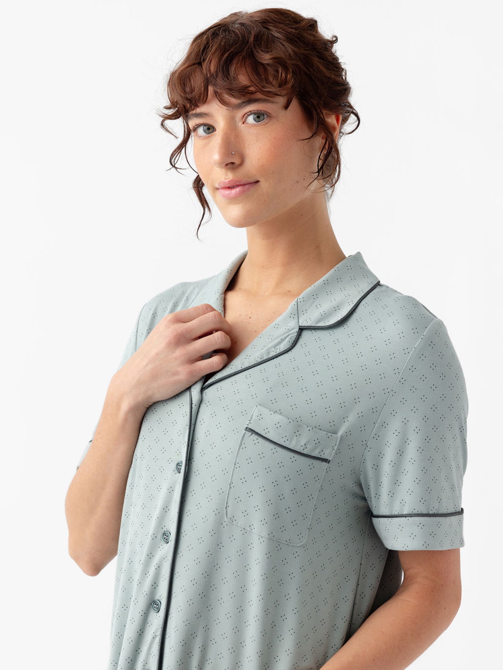 Collar of woman wearing haze diamond dot pajama top 