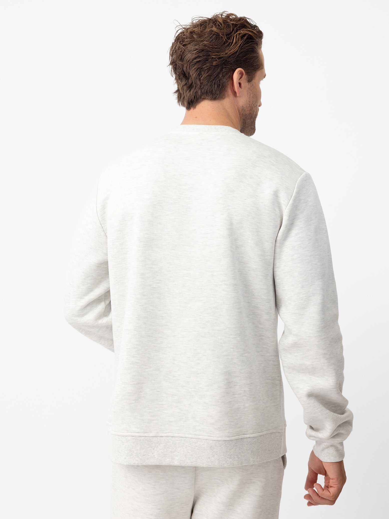 Back of man wearing heather grey cityscape pullover 