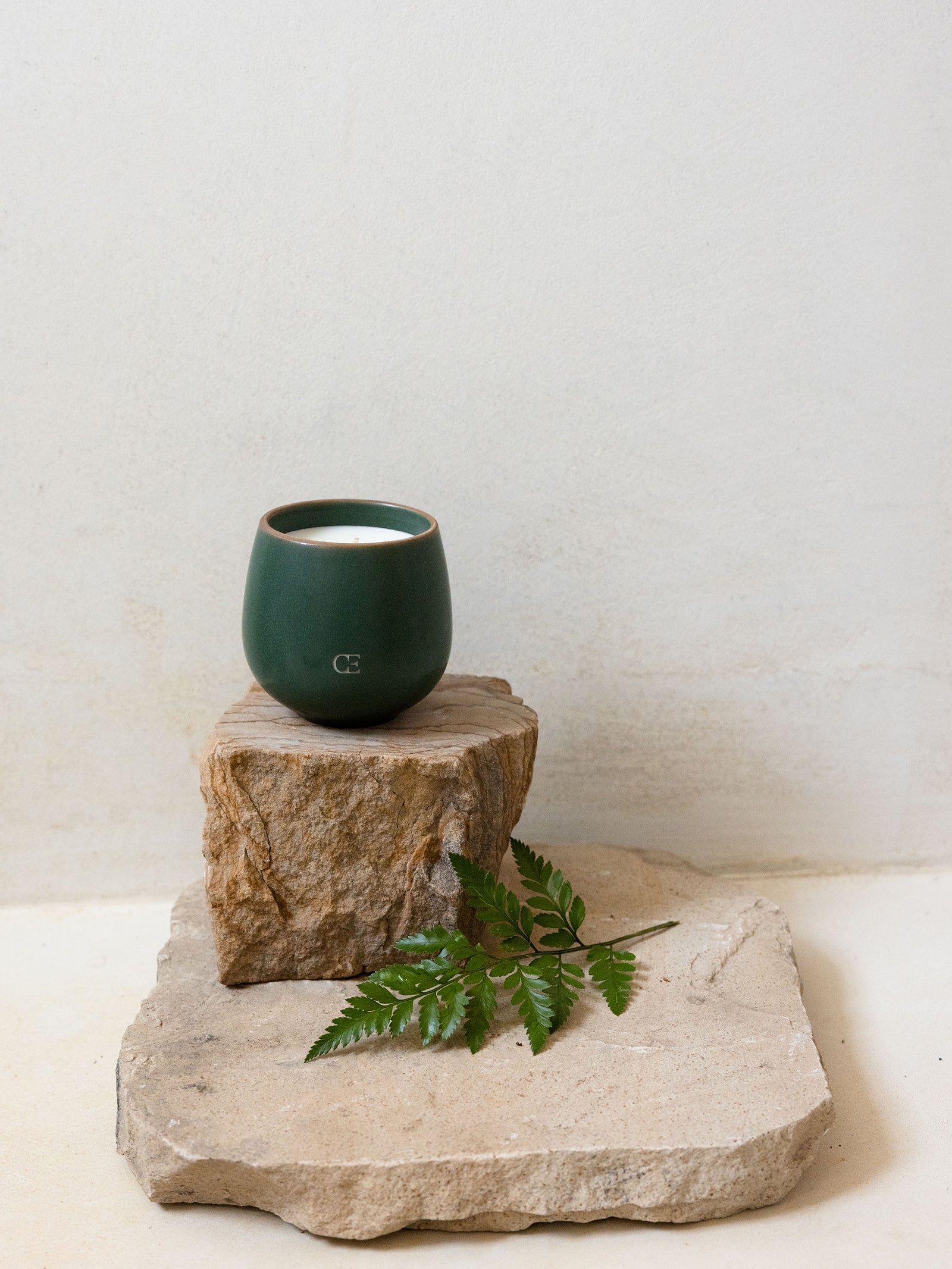 Solstice candle on a rock with fern leaf below