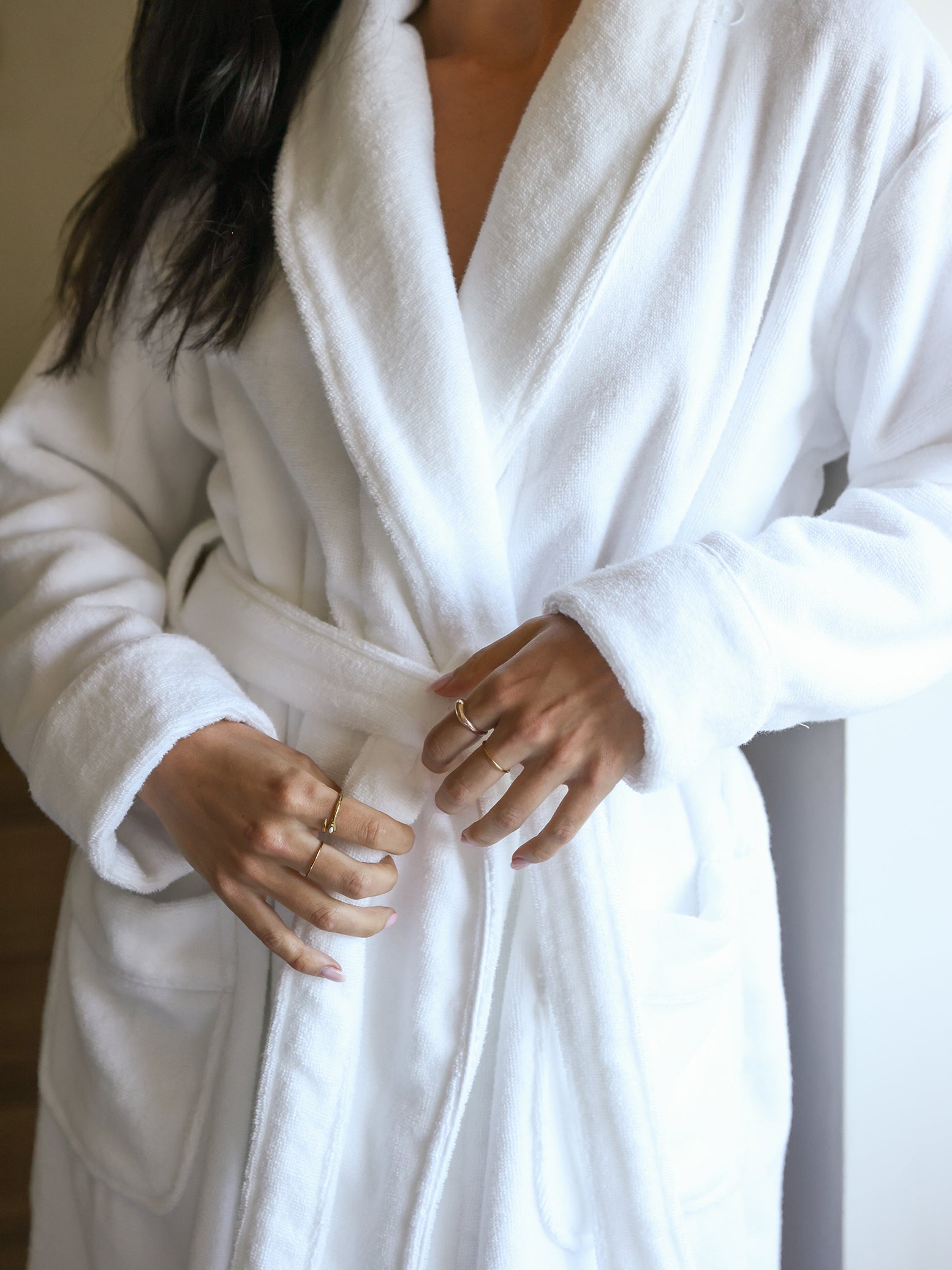 Close up of white bath robe on woman |Color:White
