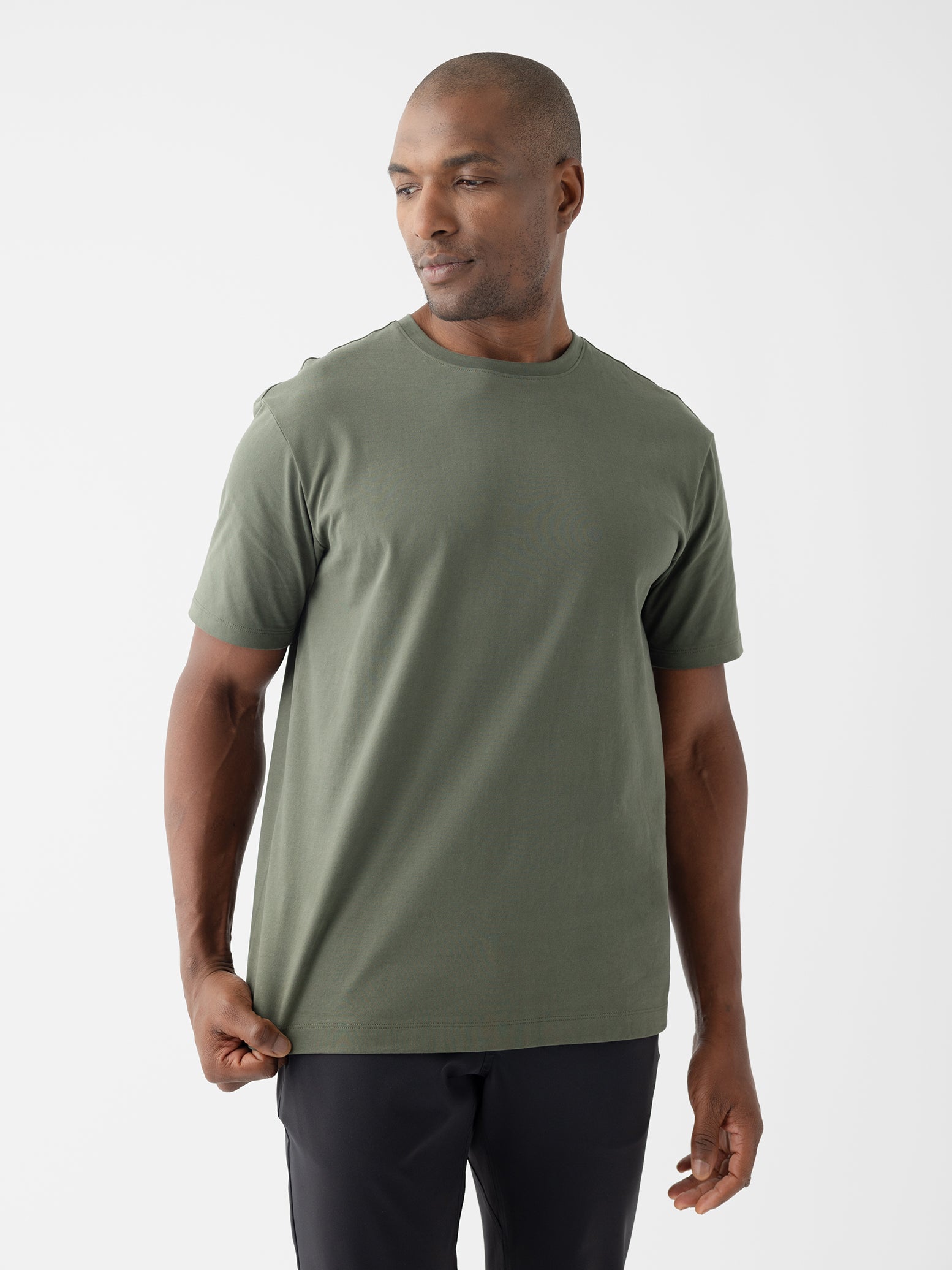 Man in olive tee with white background |Color:Olive