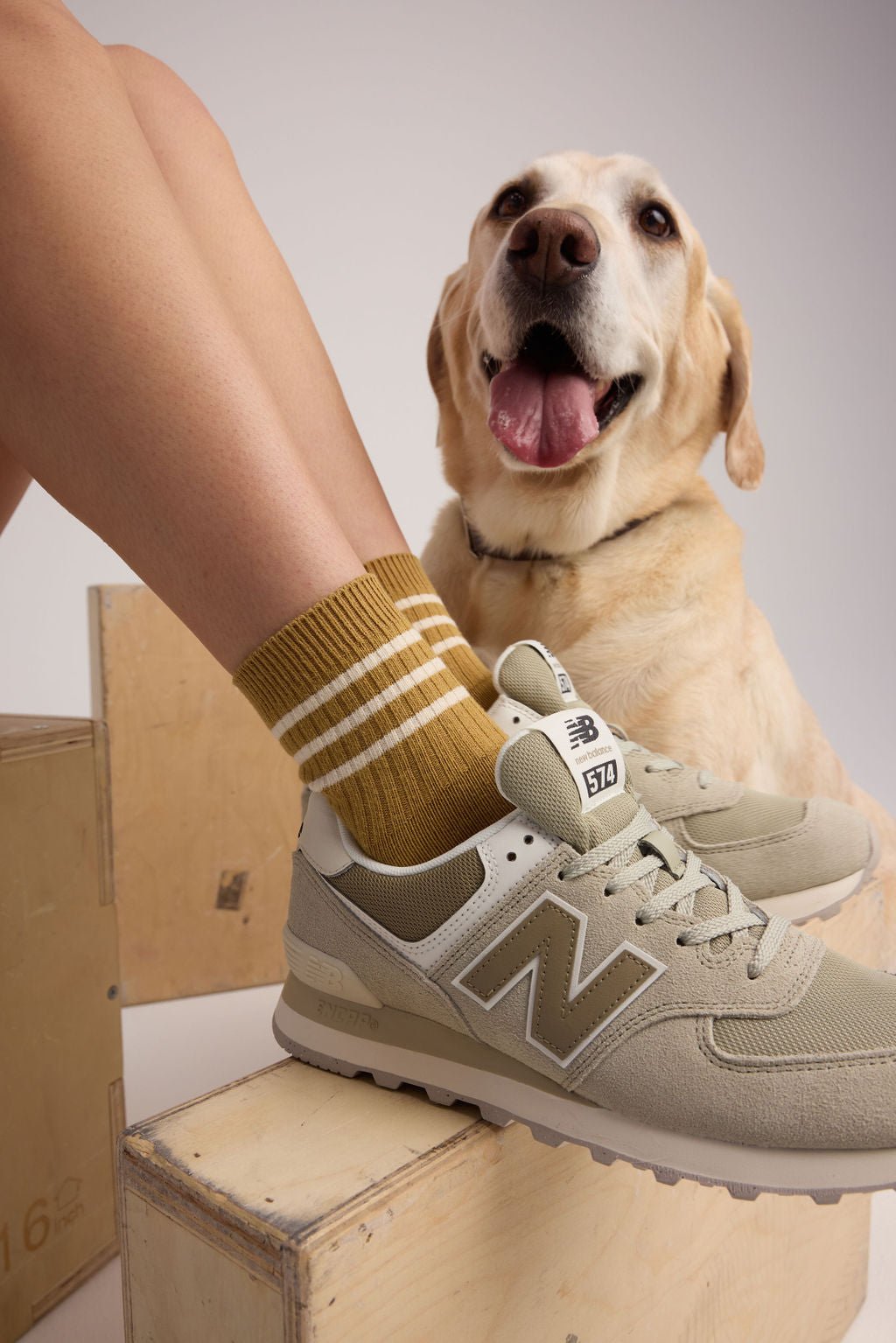 A person wearing Cozy Earth's Women's Sadie Sock in mustard yellow.  A golden retriever sits at their feet. 