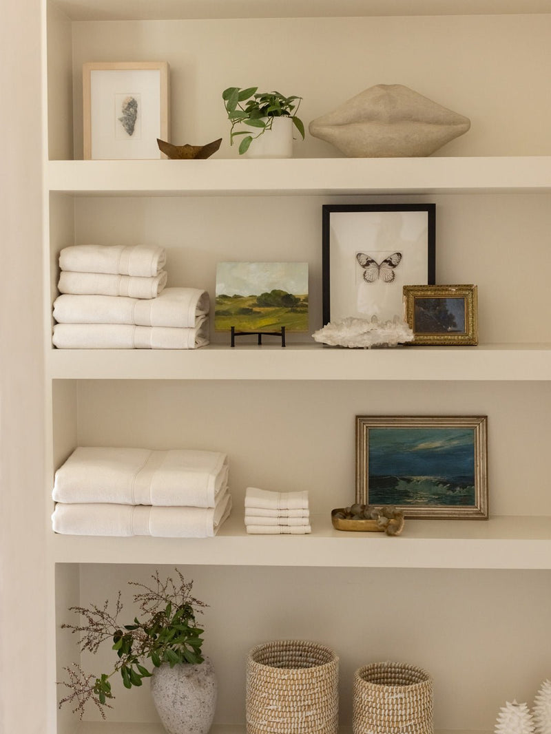 Collection of seashell towels folded on shelves