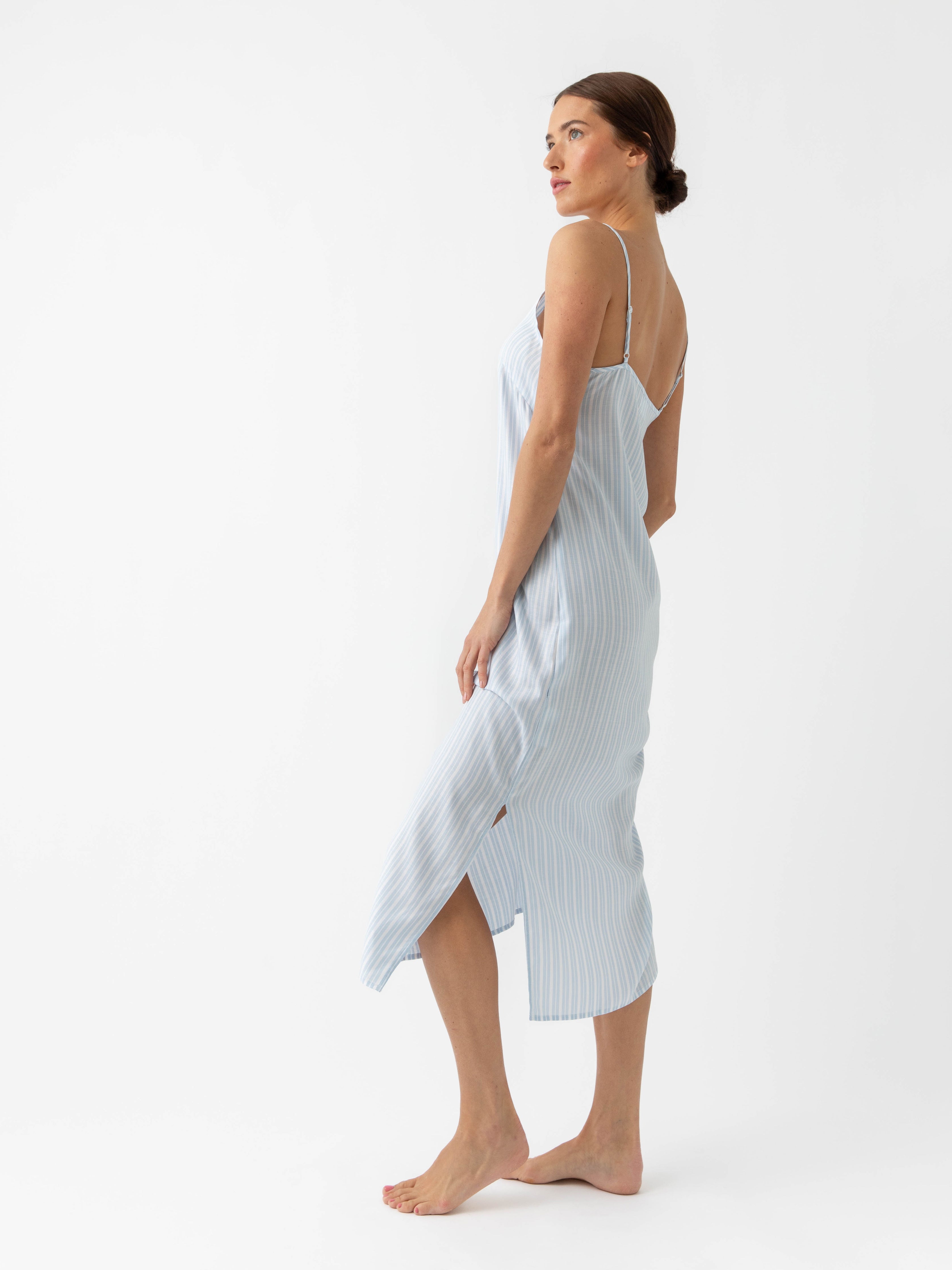 Woman in Spring Blue Stripe nightgown standing in front of white background |Color:Spring Blue Stripe