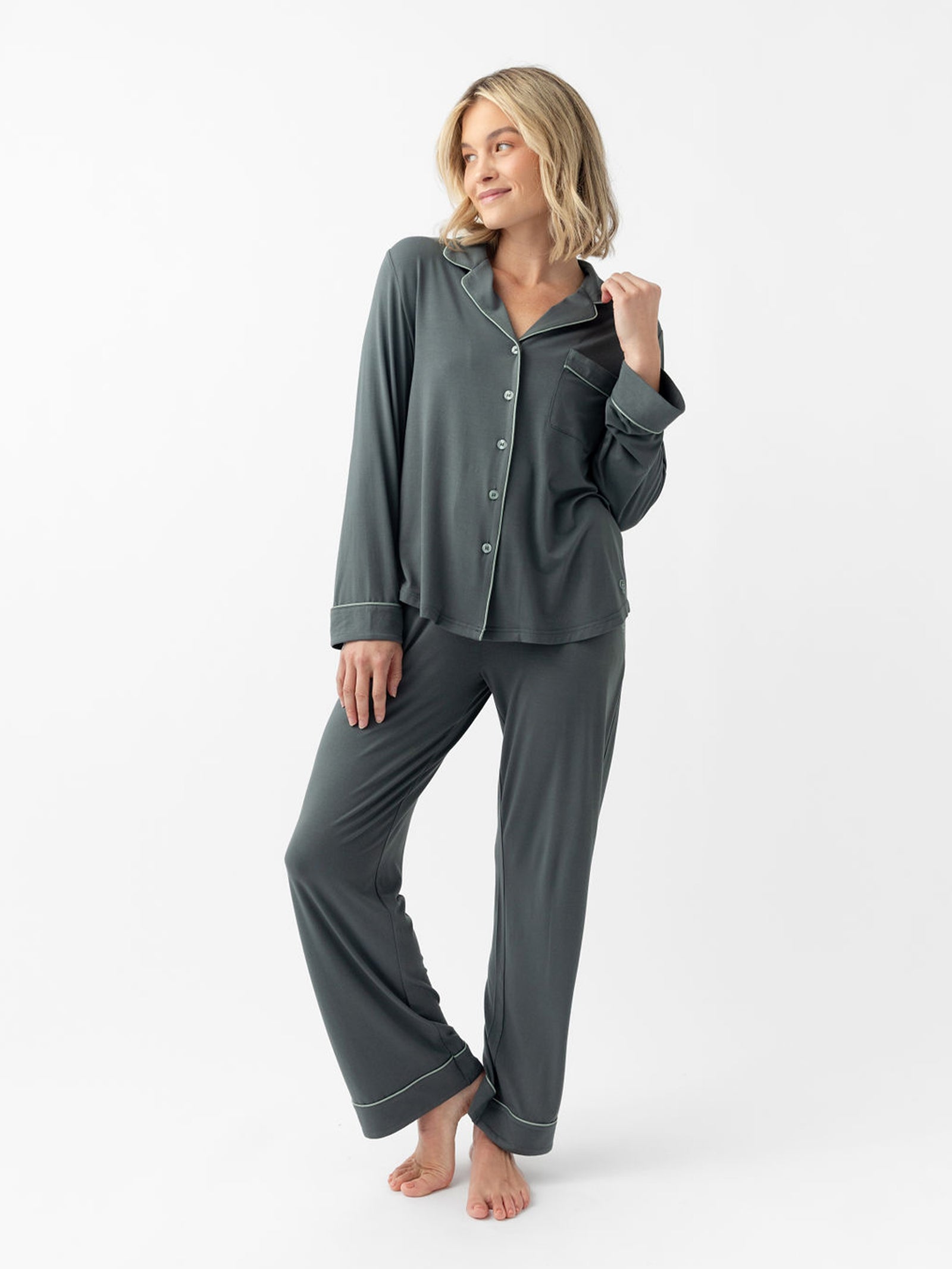 Woman wearing storm pajama set with white background 