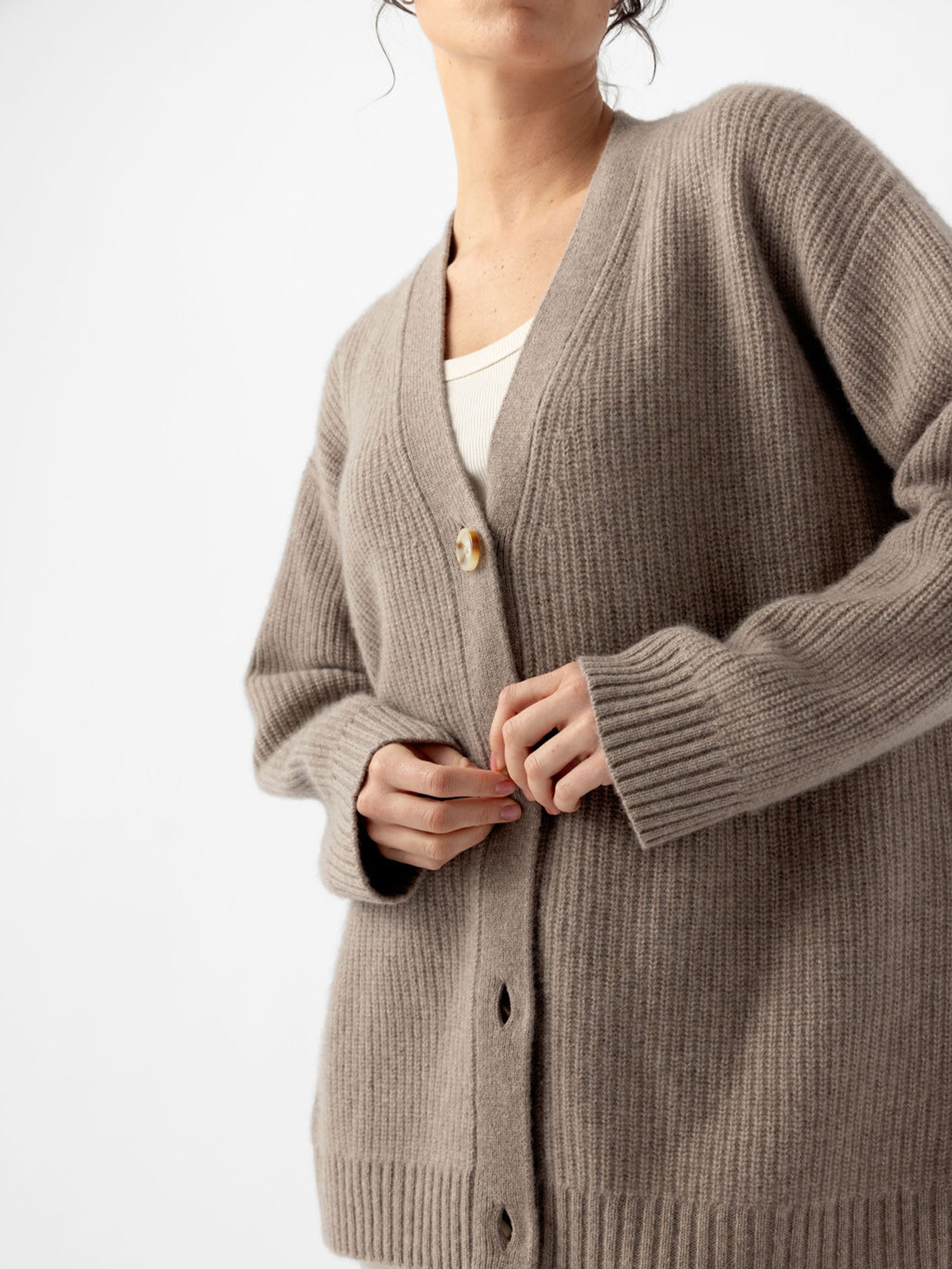 Close up of woman wearing almond sunday cardigan |Color:Almond