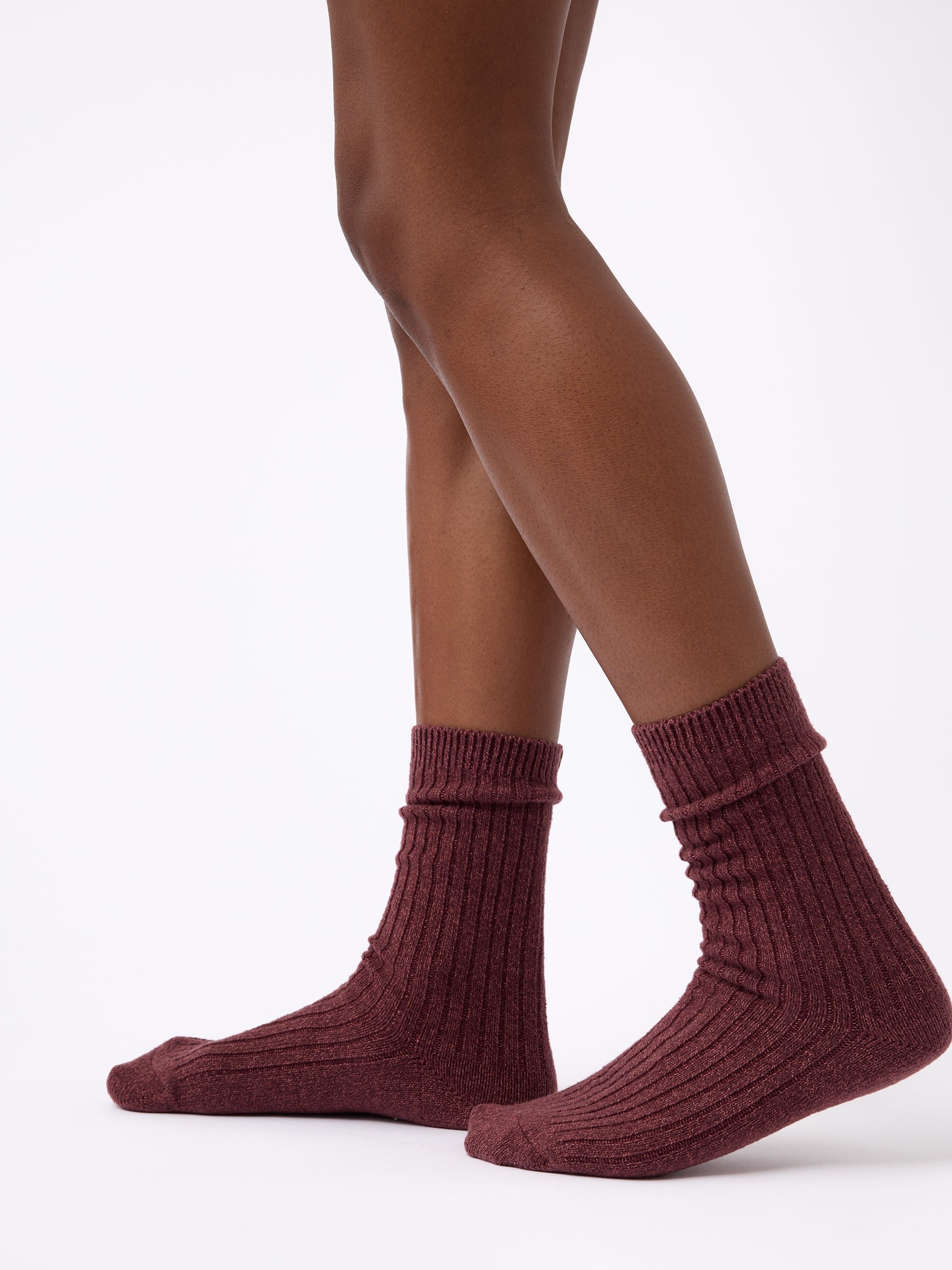 Person wearing Cozy Earth Plush Lounge Sock in Burgundy 