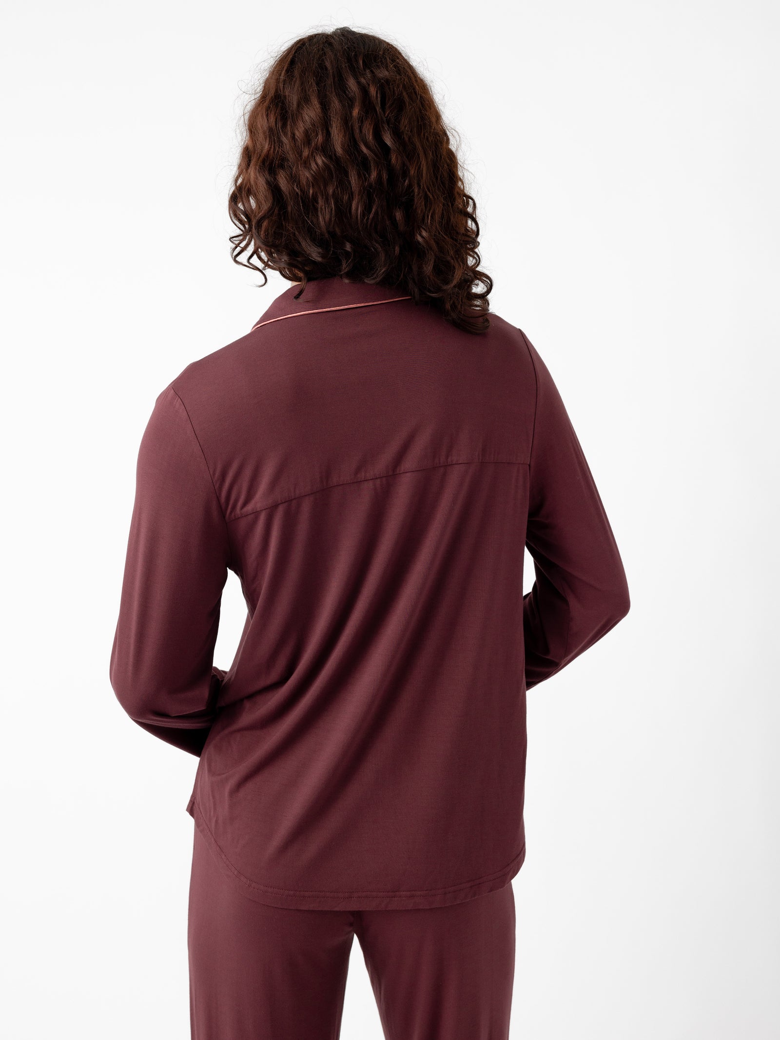 Woman wearing Women's Long Sleeve Bamboo Pajama Top in Stretch-Knit - Burgundy 