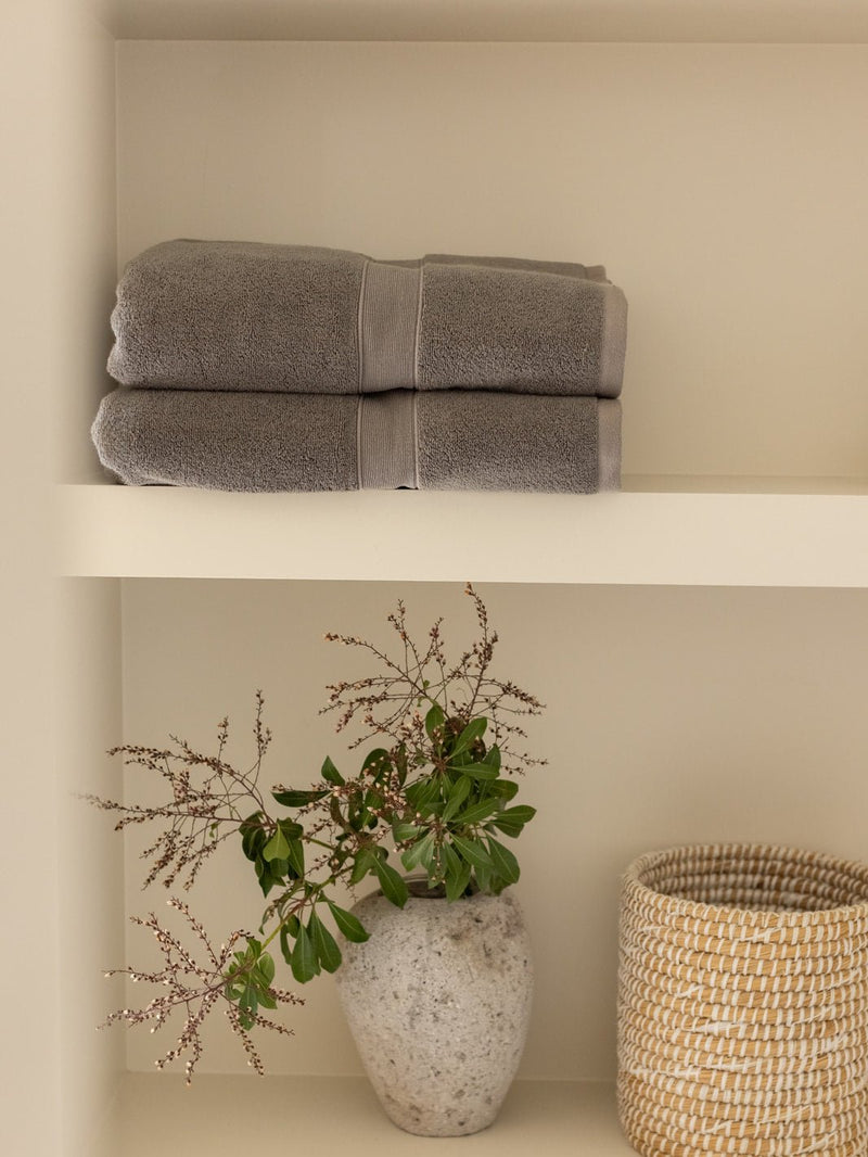 Luxe bath towels on shelf above plant