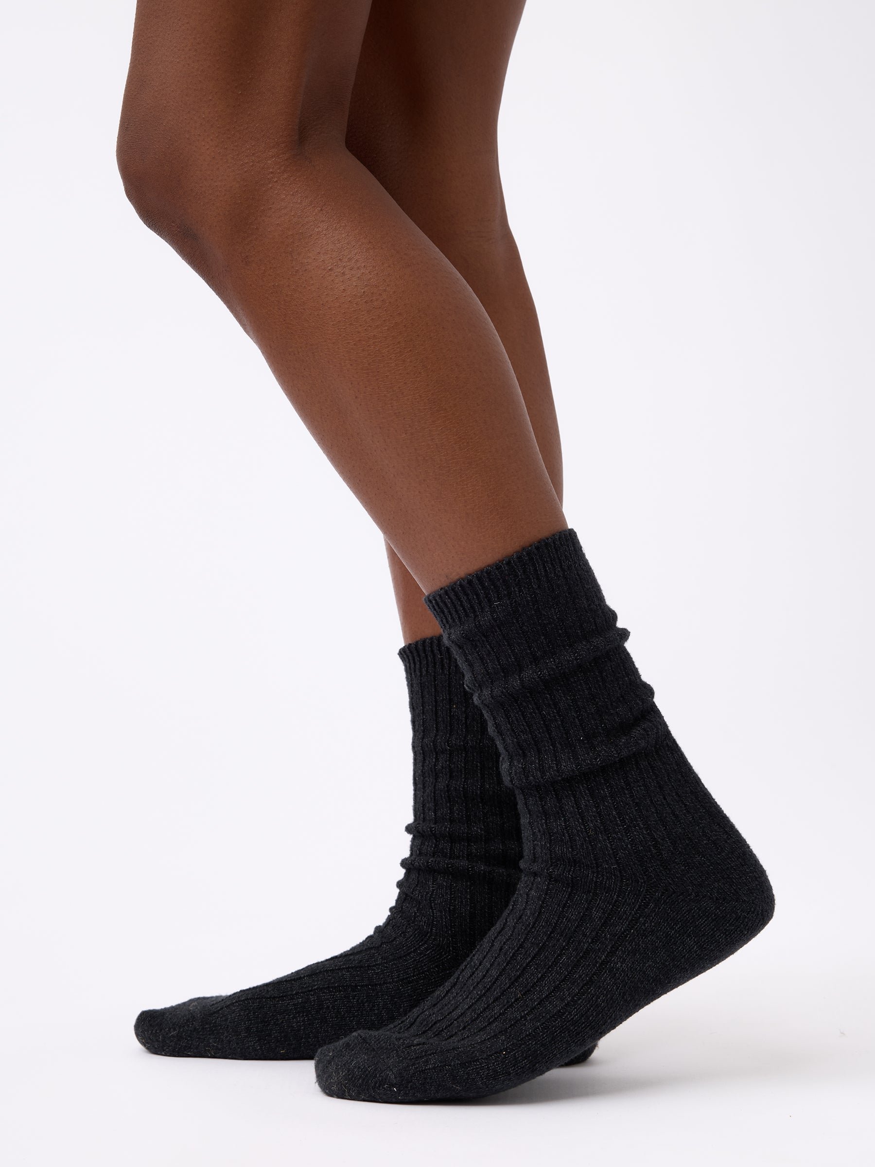 Person wearing Cozy Earth Plush Lounge Sock 3-Pack in Charcoal 
