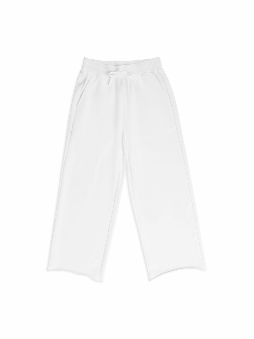 The Women's Chelsea Cropped Pant from Cozy Earth features a loose fit and straight-leg design, with an elastic waistband, drawstring, and two side pockets, all showcased against a plain background. |Color:Bone