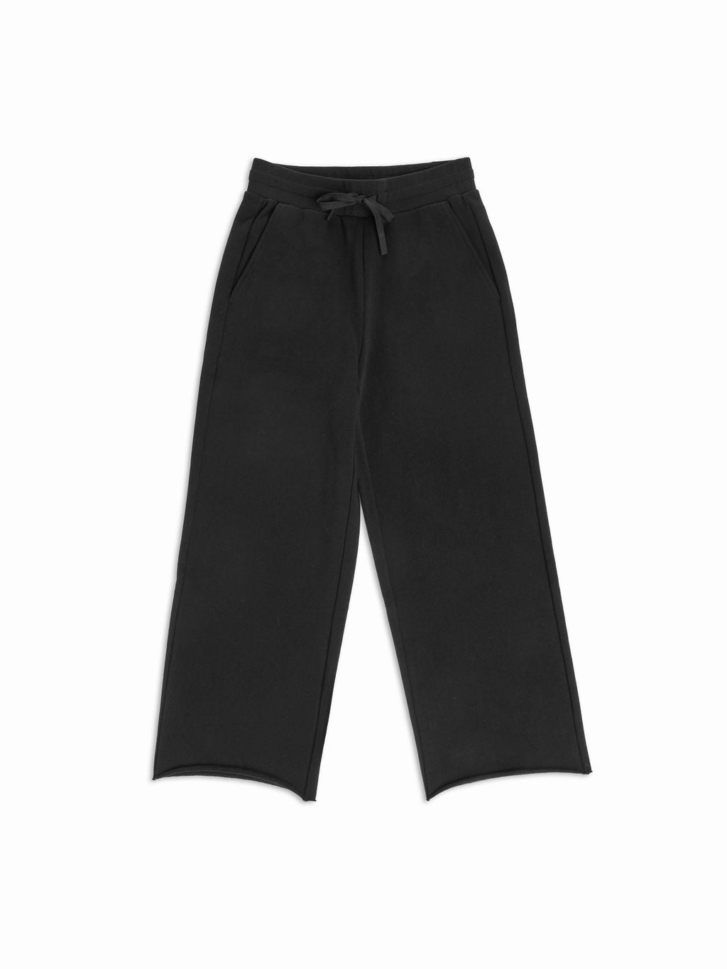 Women's Chelsea Cropped Pant by Cozy Earth: Black wide-leg trousers with an elastic waistband, drawstring, and side pockets. The fabric looks soft and slightly textured on a plain white background. 