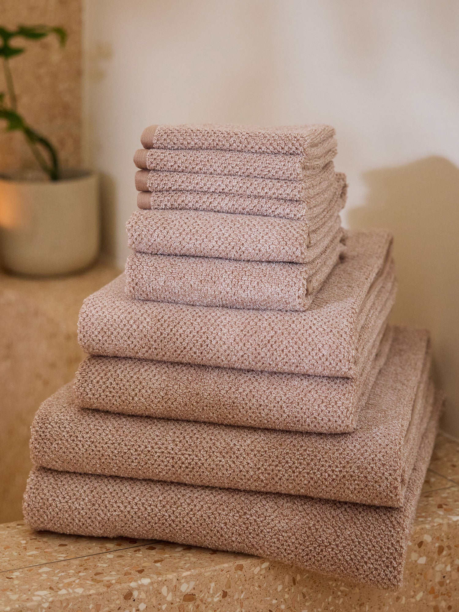 A stack of various sizes of Nantucket Bath Towels |Color:Heathered Clay