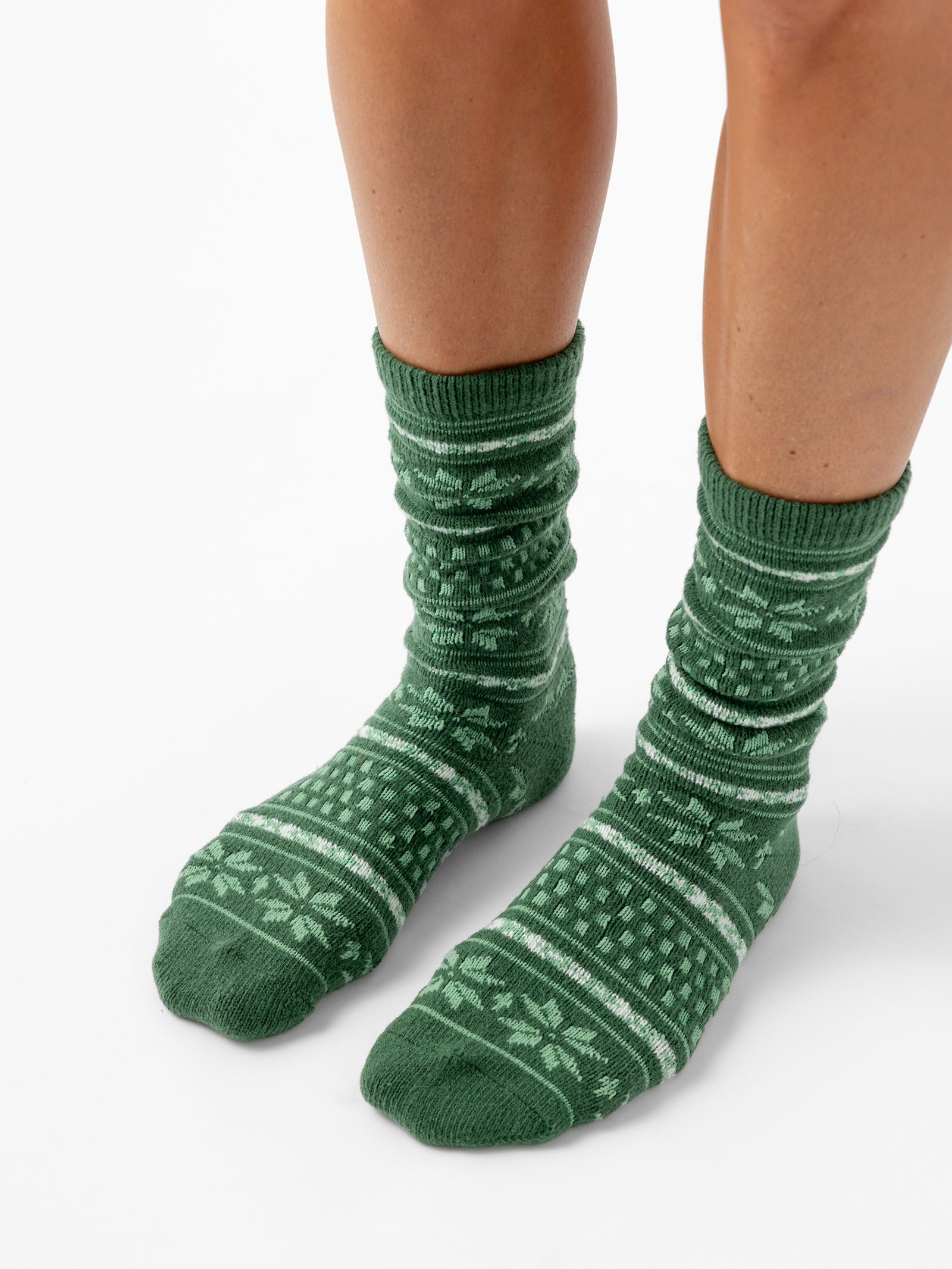 Person wearing Snowflake Plush Lounge Sock in Jade 