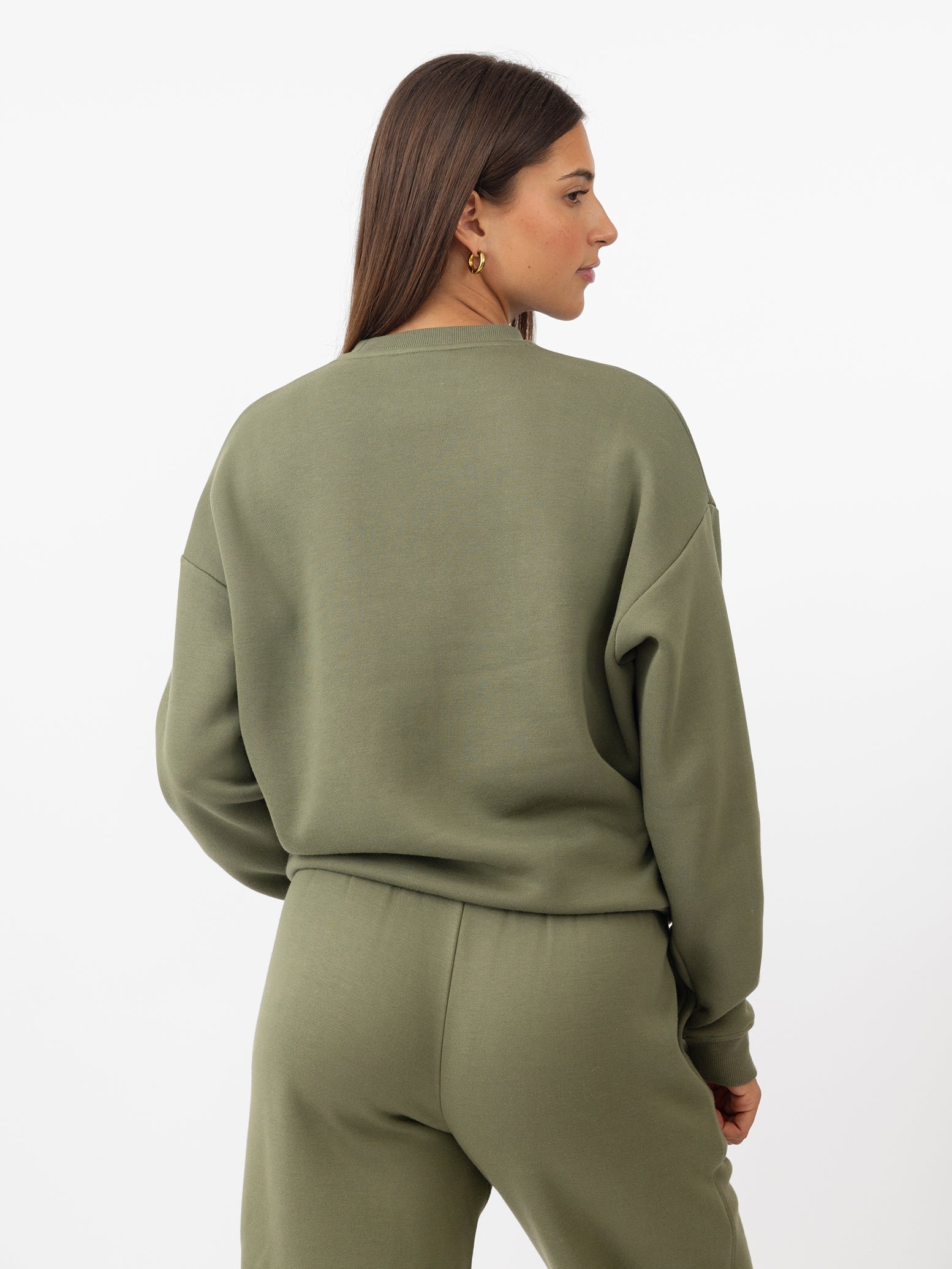 Woman wearing Juniper CityScape Crewneck with white background 
