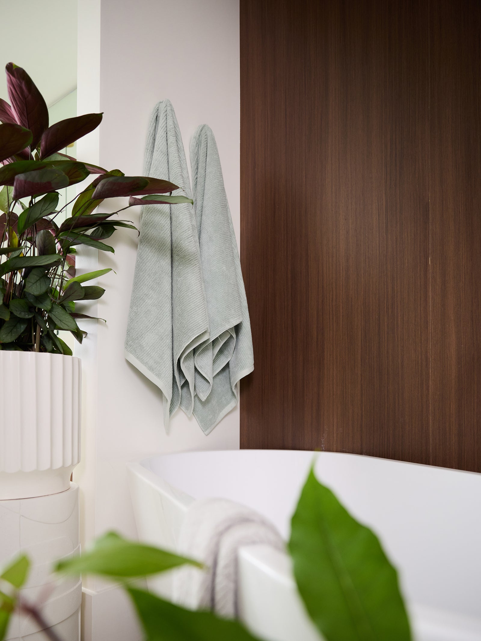 A modern bathroom features a white bathtub, a wooden accent wall, and two Cozy Earth Ribbed Terry Bath Sheets in light gray hanging on the wall. A tall plant with green and purple leaves in a white pot is beside the bathtub, adding a touch of nature to the space. 