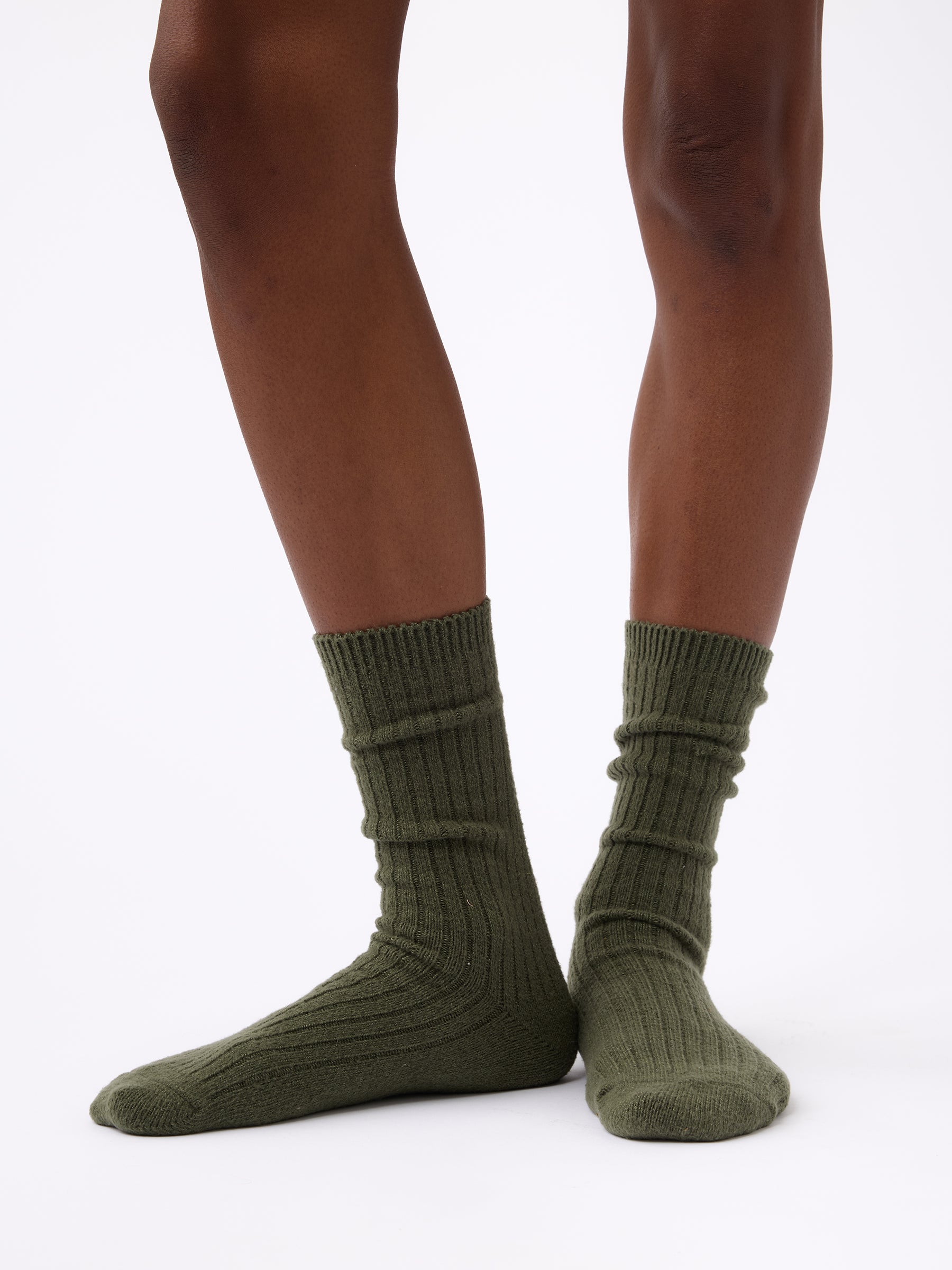 Person wearing Cozy Earth Plush Lounge Sock 1-Pack in Olive |Color:Olive