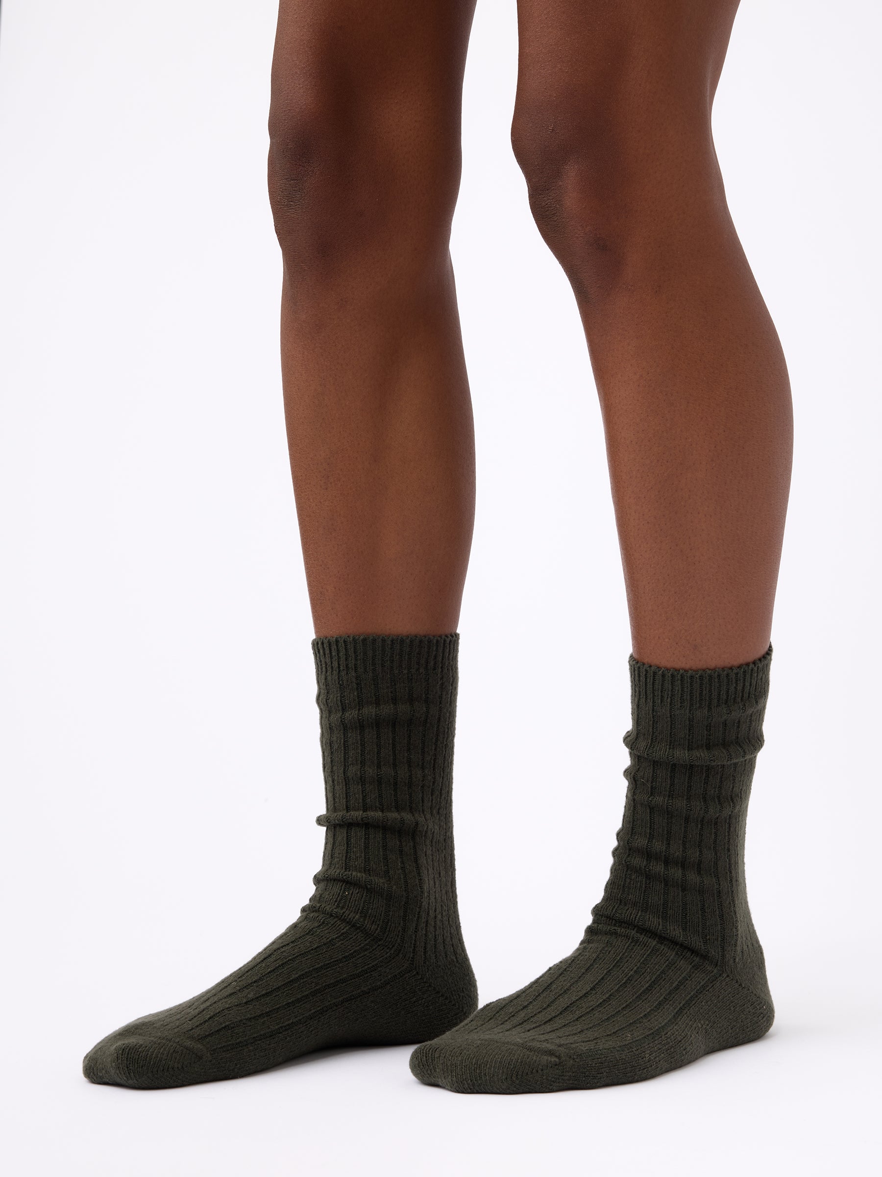 Person wearing Cozy Earth Plush Lounge Sock in Pine |Color:Pine/Olive/Juniper