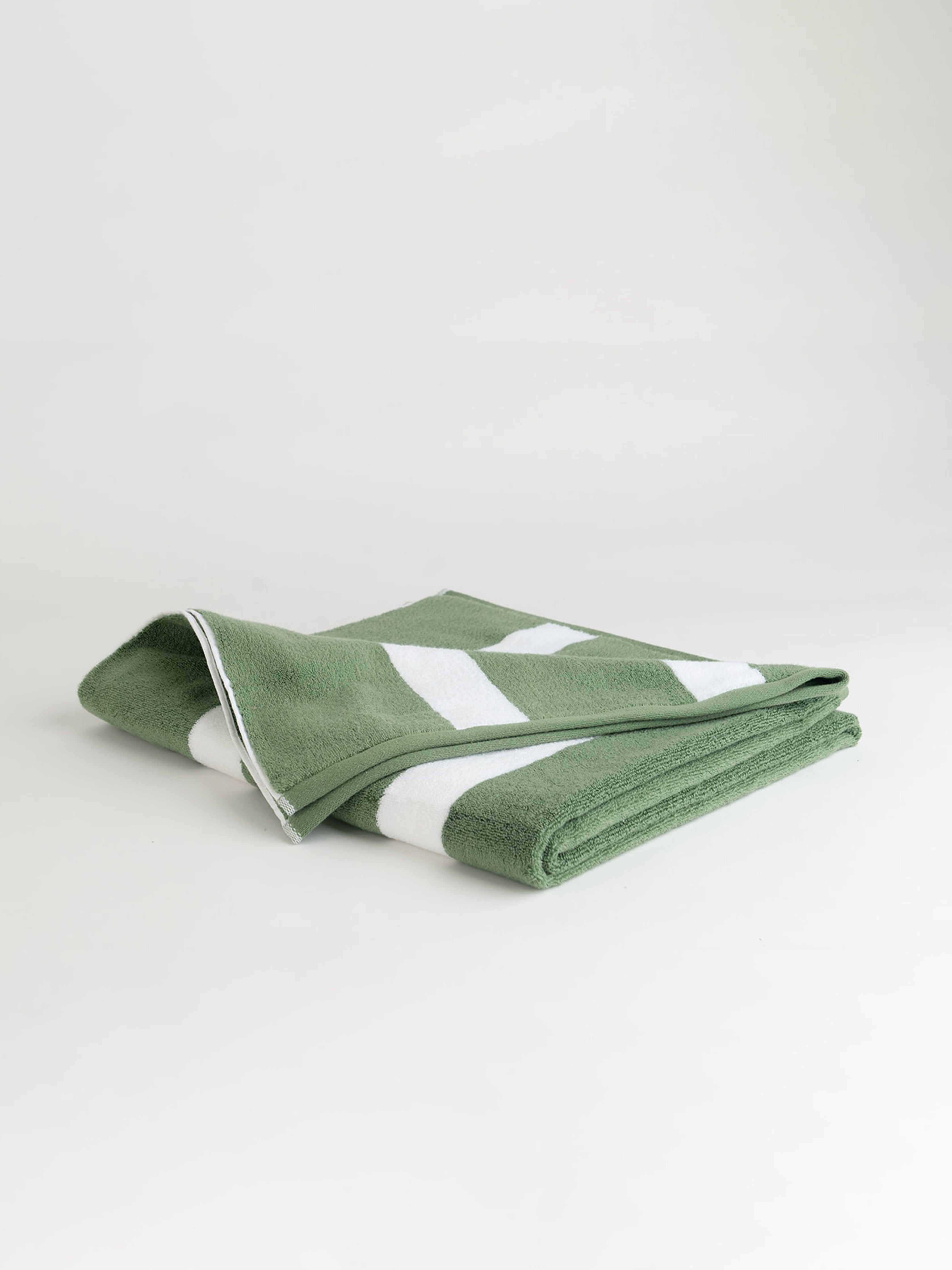 Sage Stripe resort towel folded with a white background |Color:Sage Stripe