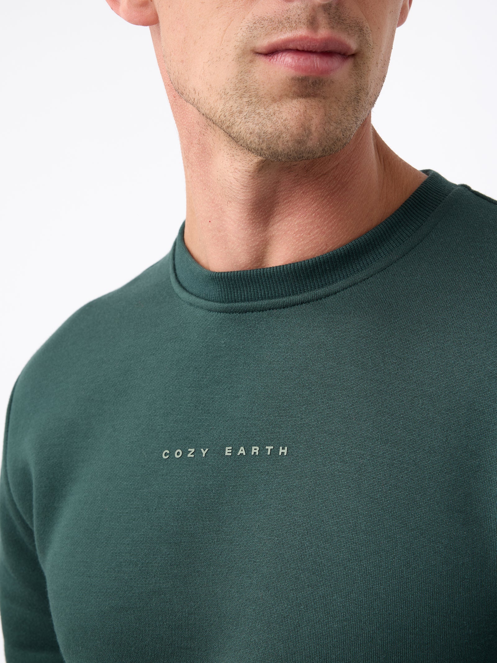 Close-up of a person wearing the Men's CityScape Crewneck, featuring the brand name "Cozy Earth" printed on the front. The focus is on the upper chest and neck area, against a plain white background. 