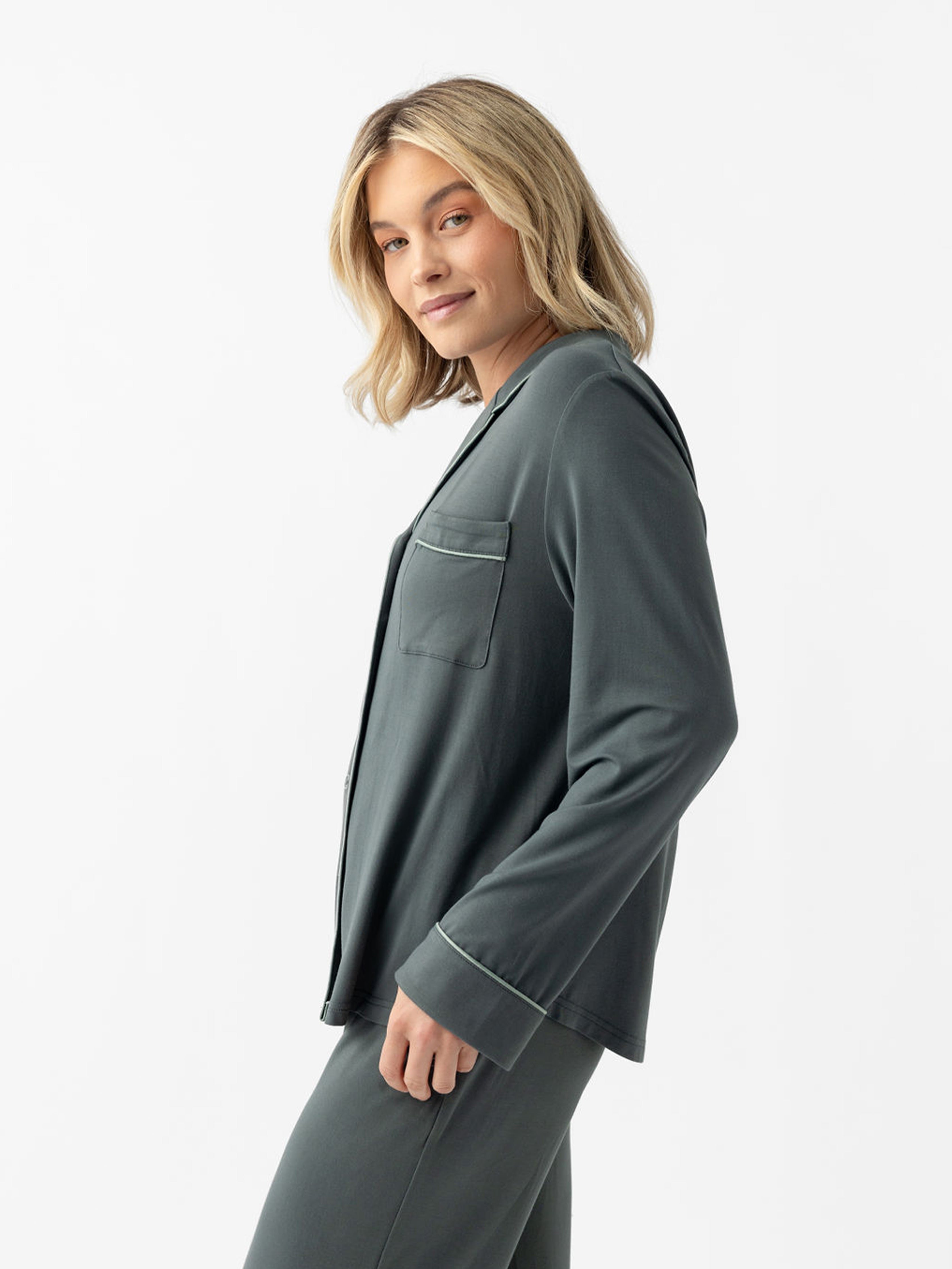 Side view of woman wearing storm pajamas with white background |Color:Storm