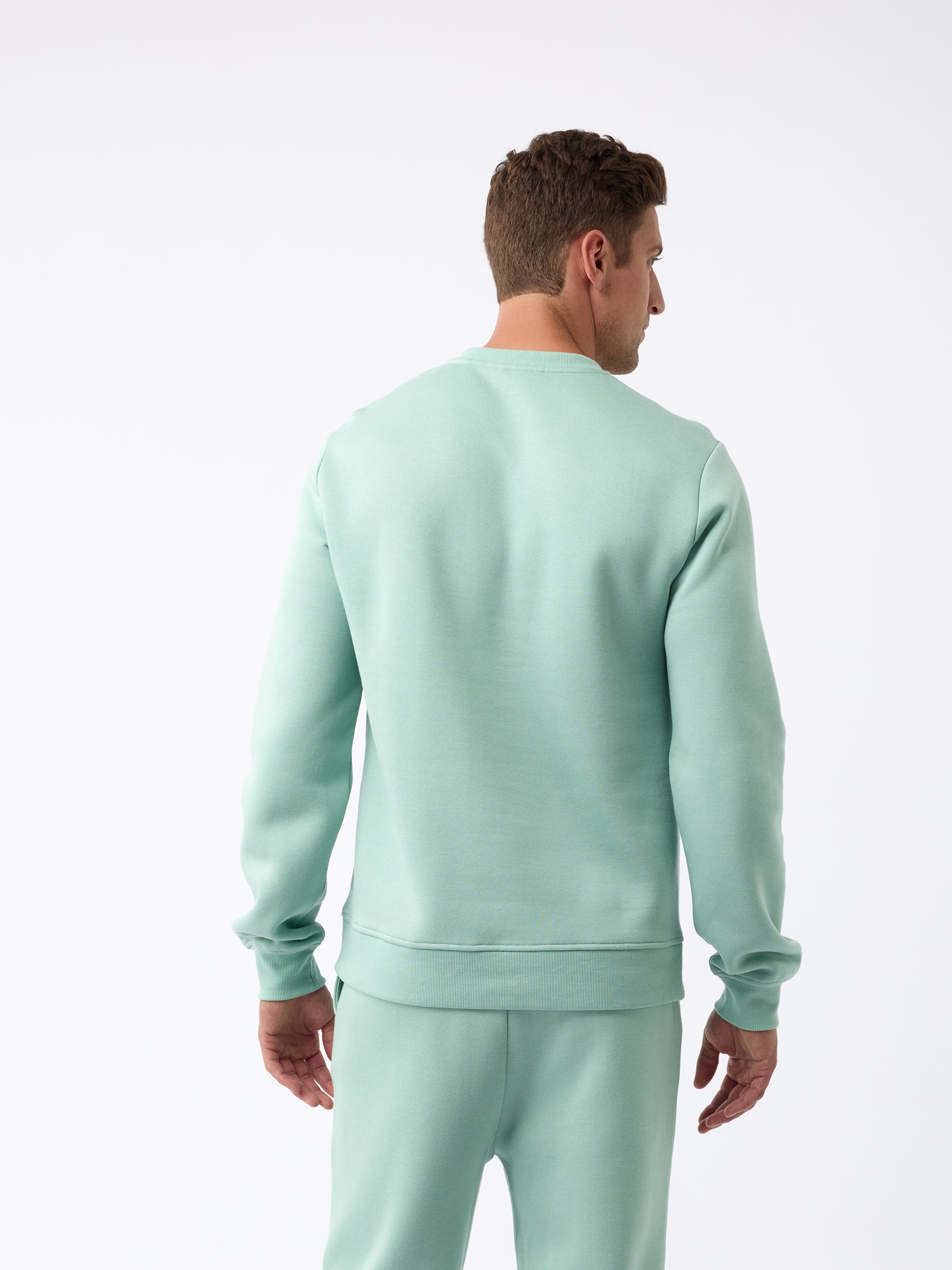 A person stands with their back to the camera, wearing the Men's CityScape Crewneck from Cozy Earth in light green, paired with matching pants. The background is plain white. 