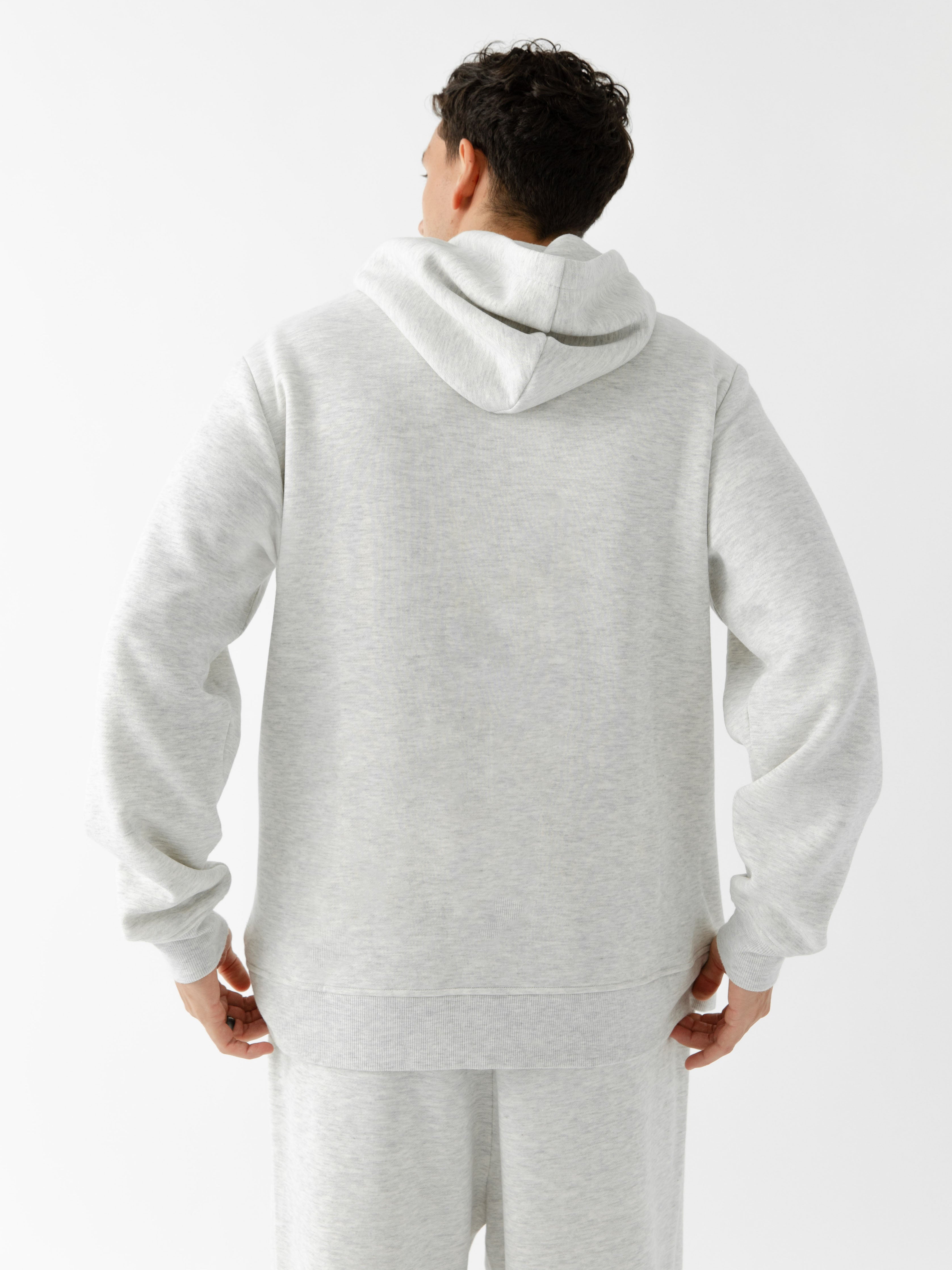 Back of man wearing heather grey cityscape hoodie |Color:Heather Grey