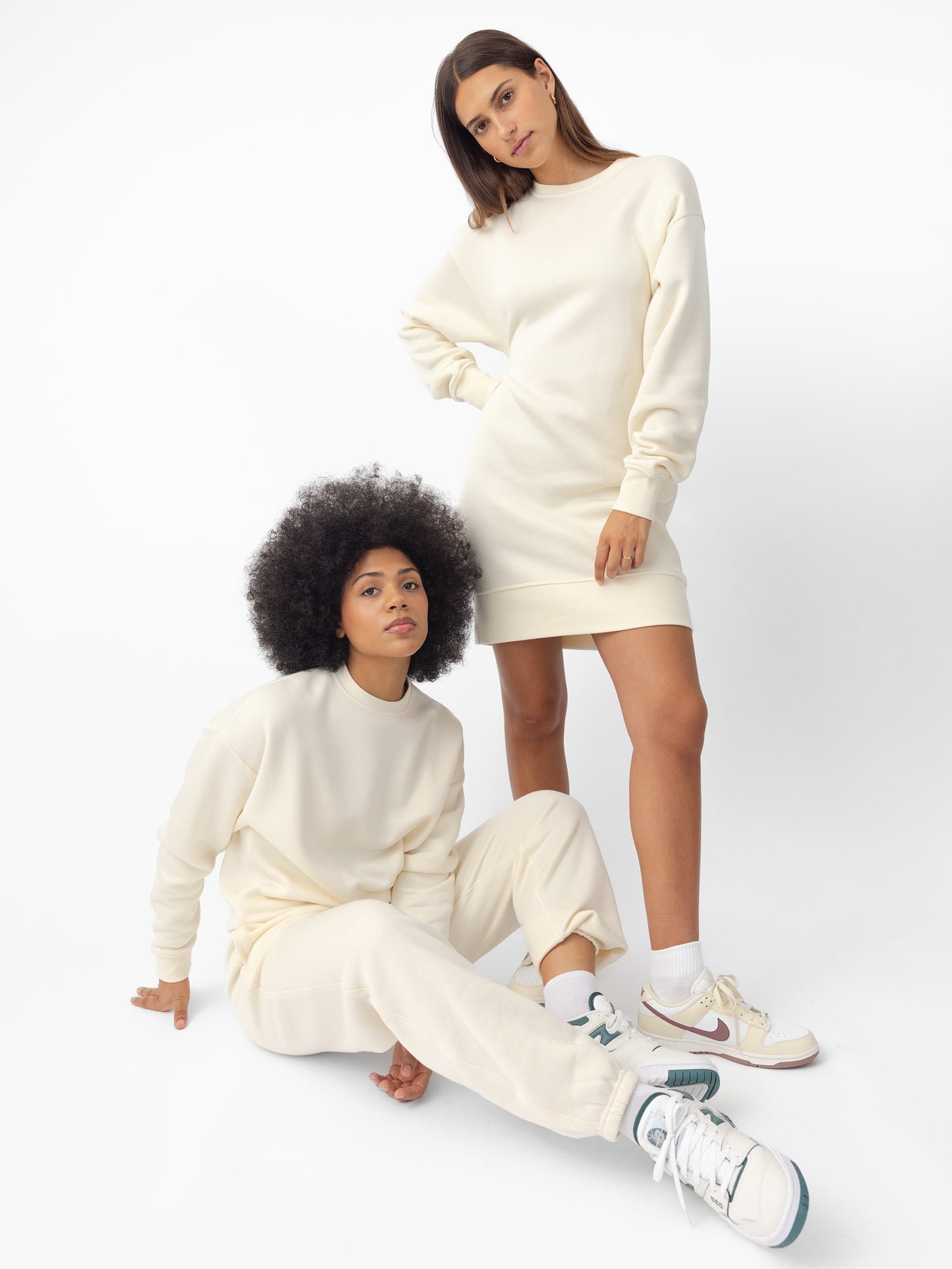 Women wearing Alabaster CityScape Crewneck Dress with white background 