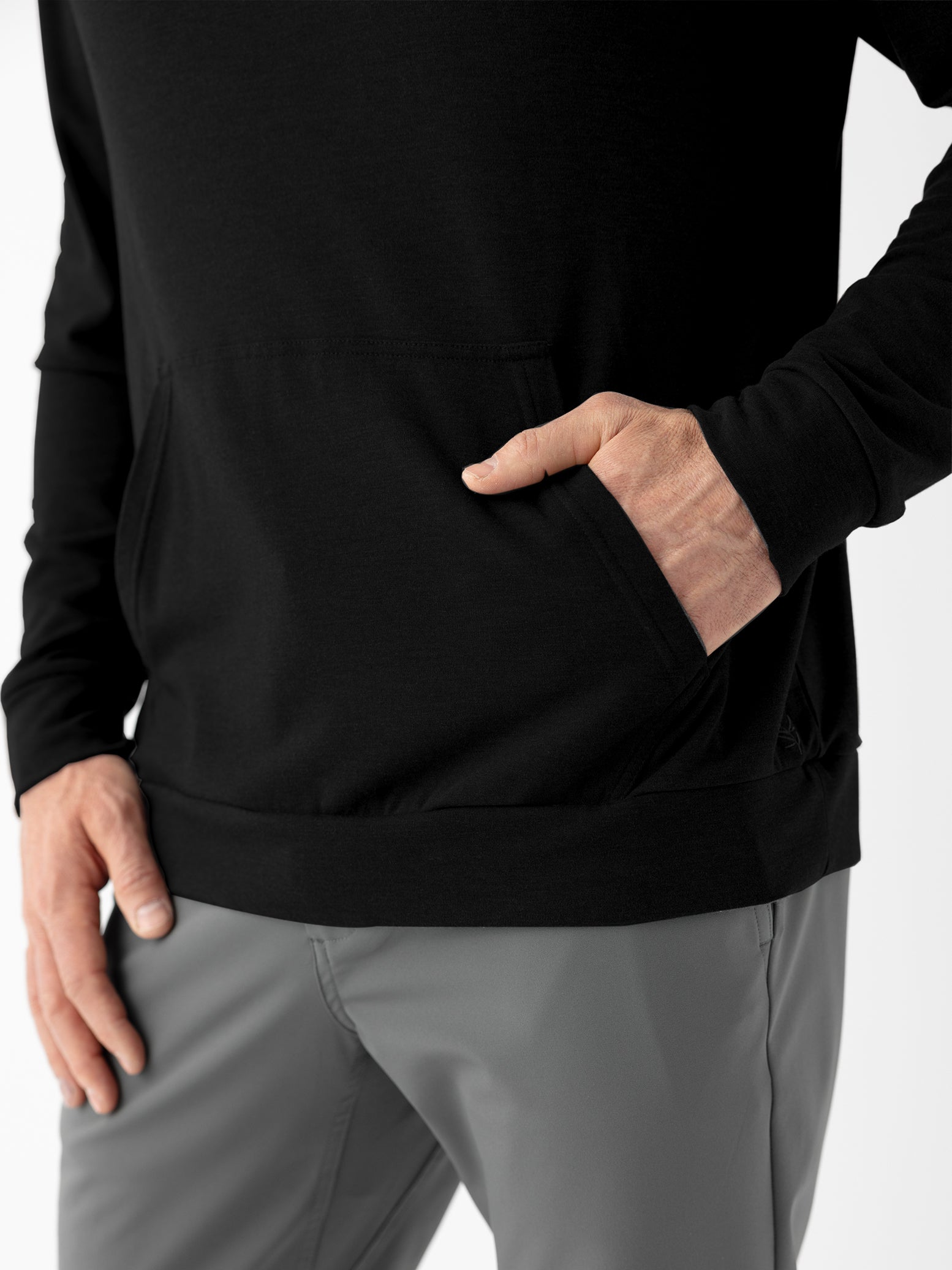 Man wearing black hoodie with white background 