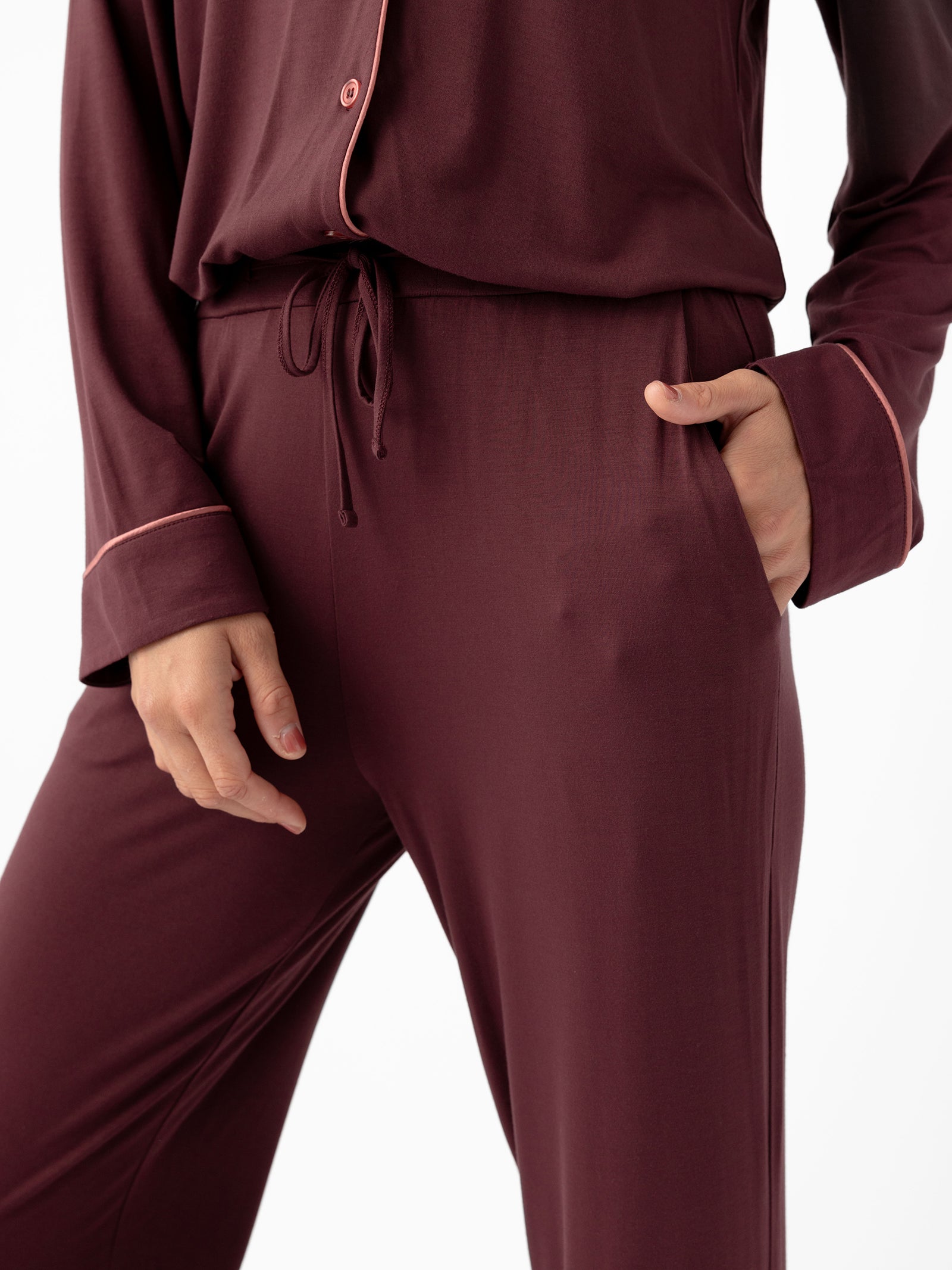 Woman wearing Women's Stretch-Knit Bamboo Pajama Pant in Burgundy 