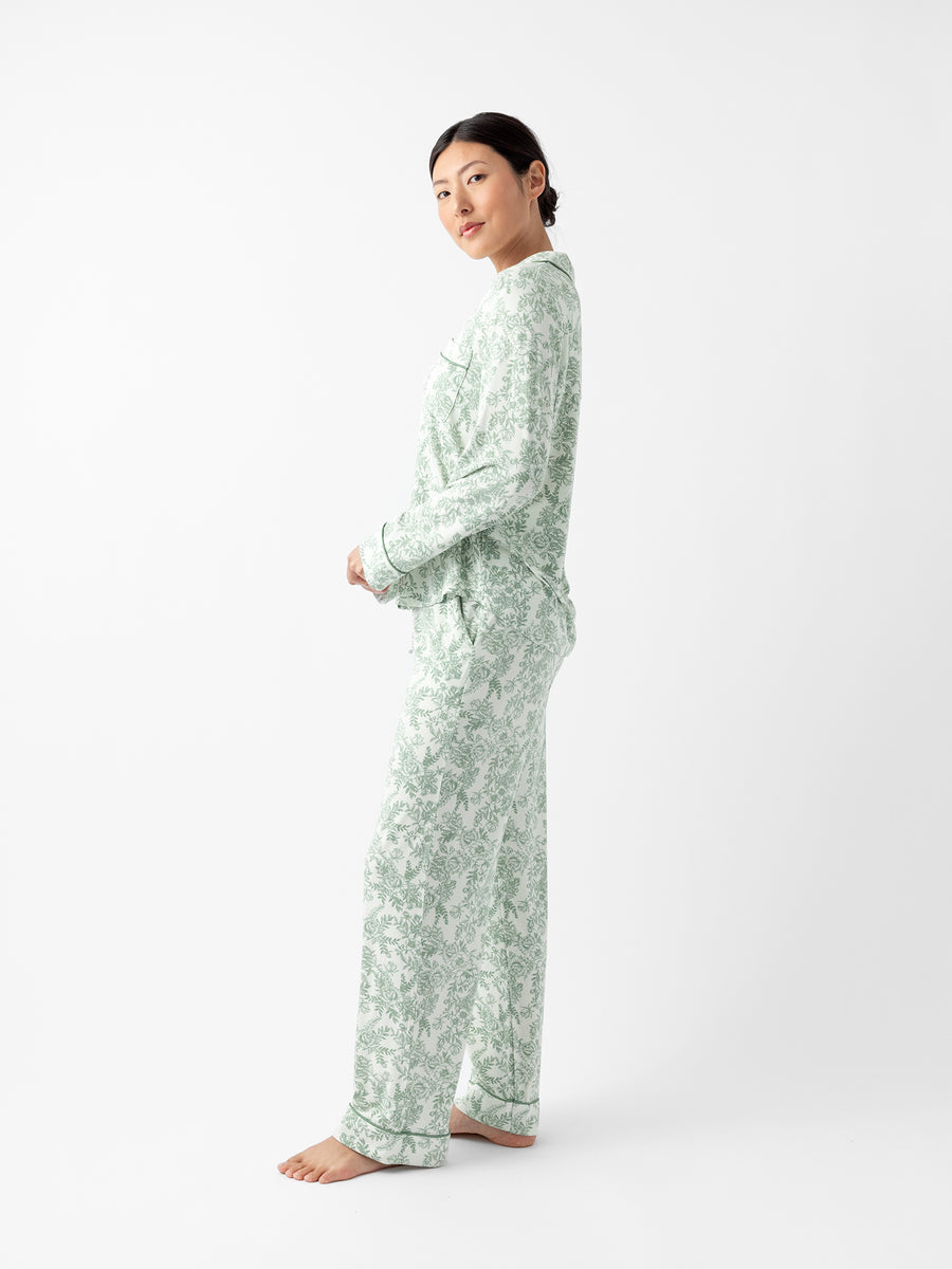 Side view of woman in celadon toile pajama set |Color:Celadon Toile