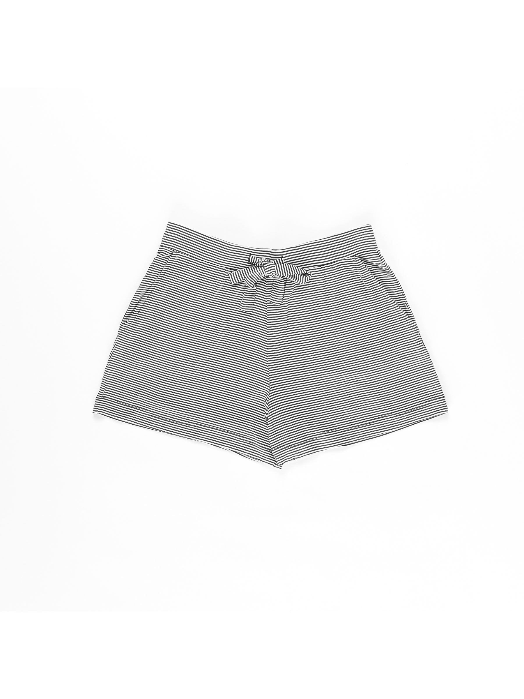 Cozy Earth's Women's Bamboo Stretch-Knit Shorts, featuring gray and white stripes with a waistband bow, are showcased against a white background. 