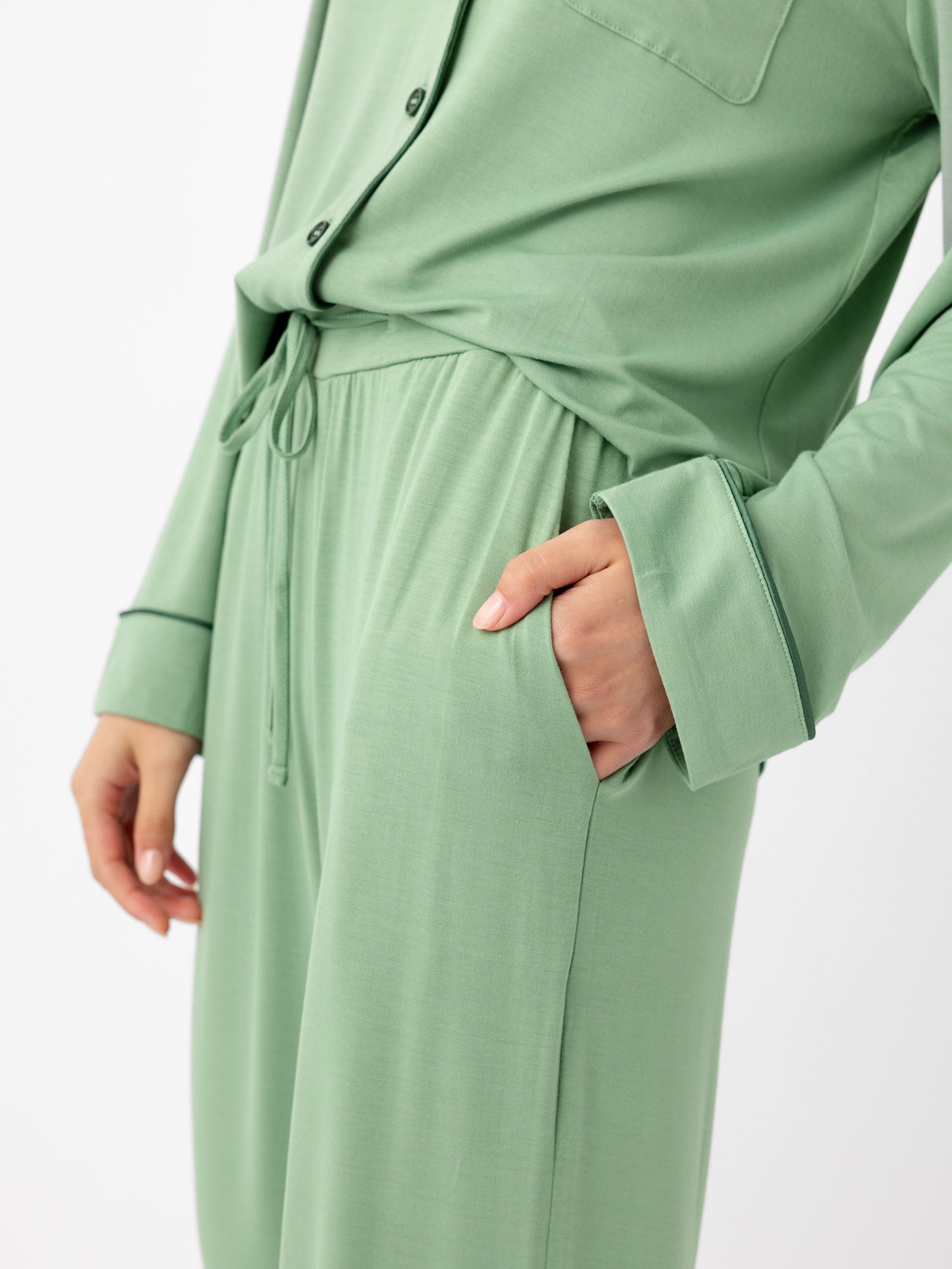 Woman wearing Women's Stretch-Knit Bamboo Pajama Pant in Fern 