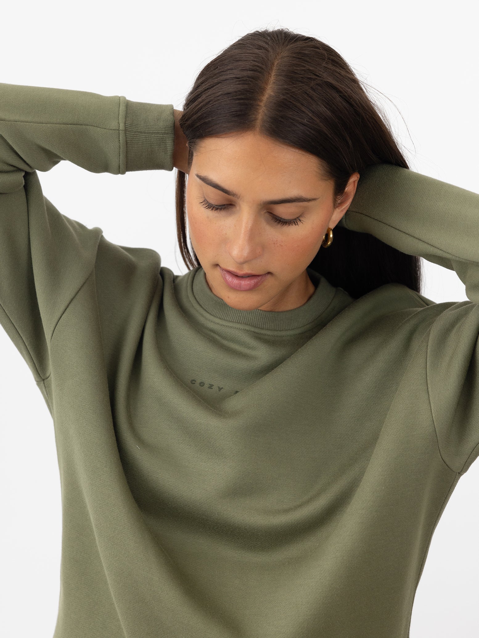 Woman wearing Juniper CityScape Crewneck with white background 