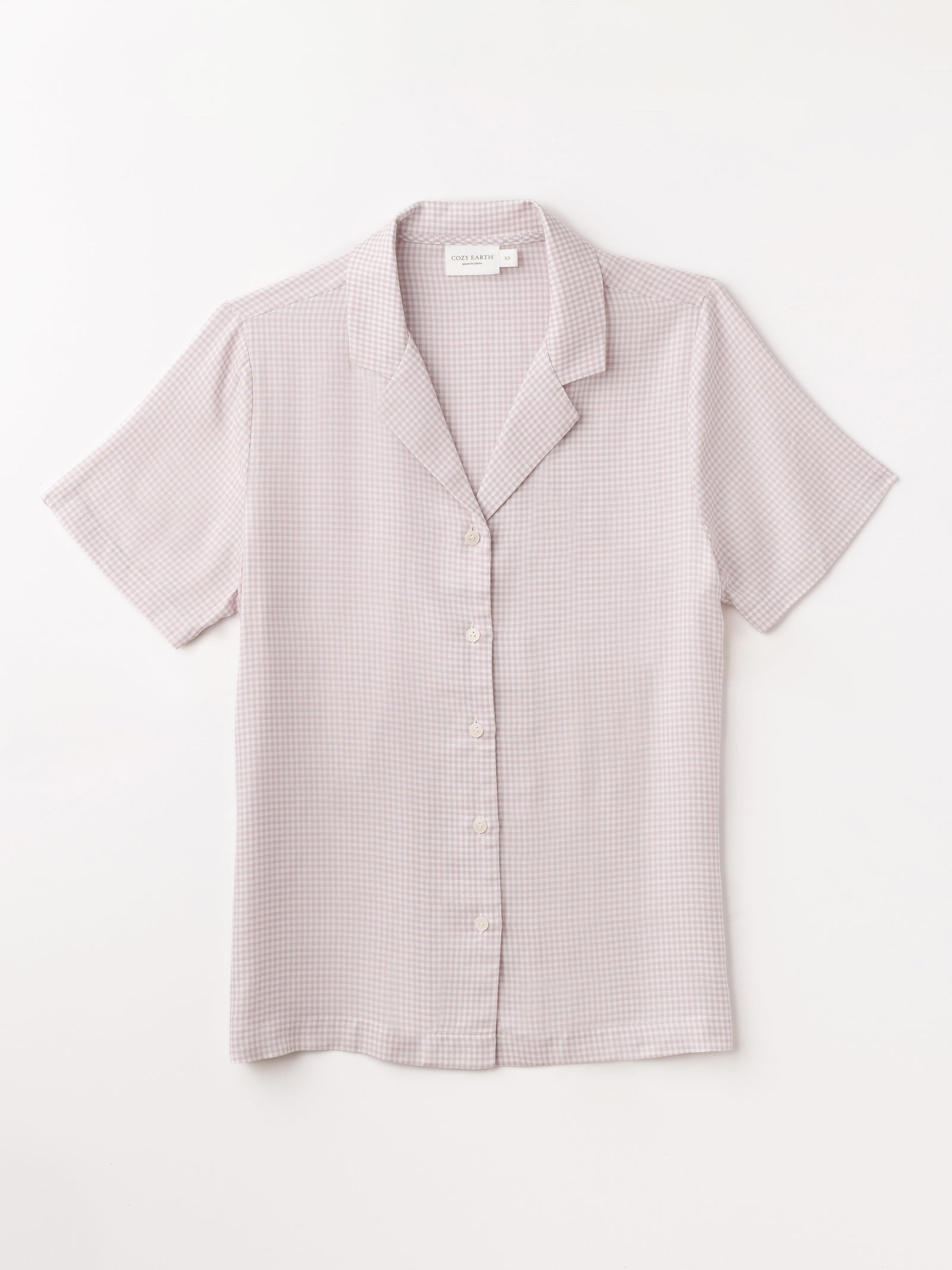 Flat lay of lavender mini gingham pajama top with white background 