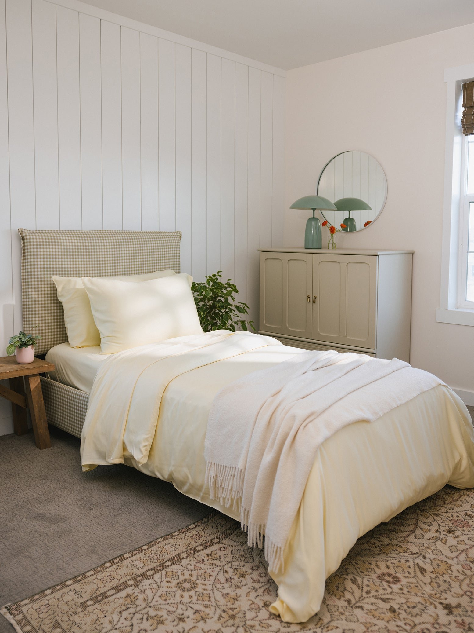 Lemonade Sheets on bed. 