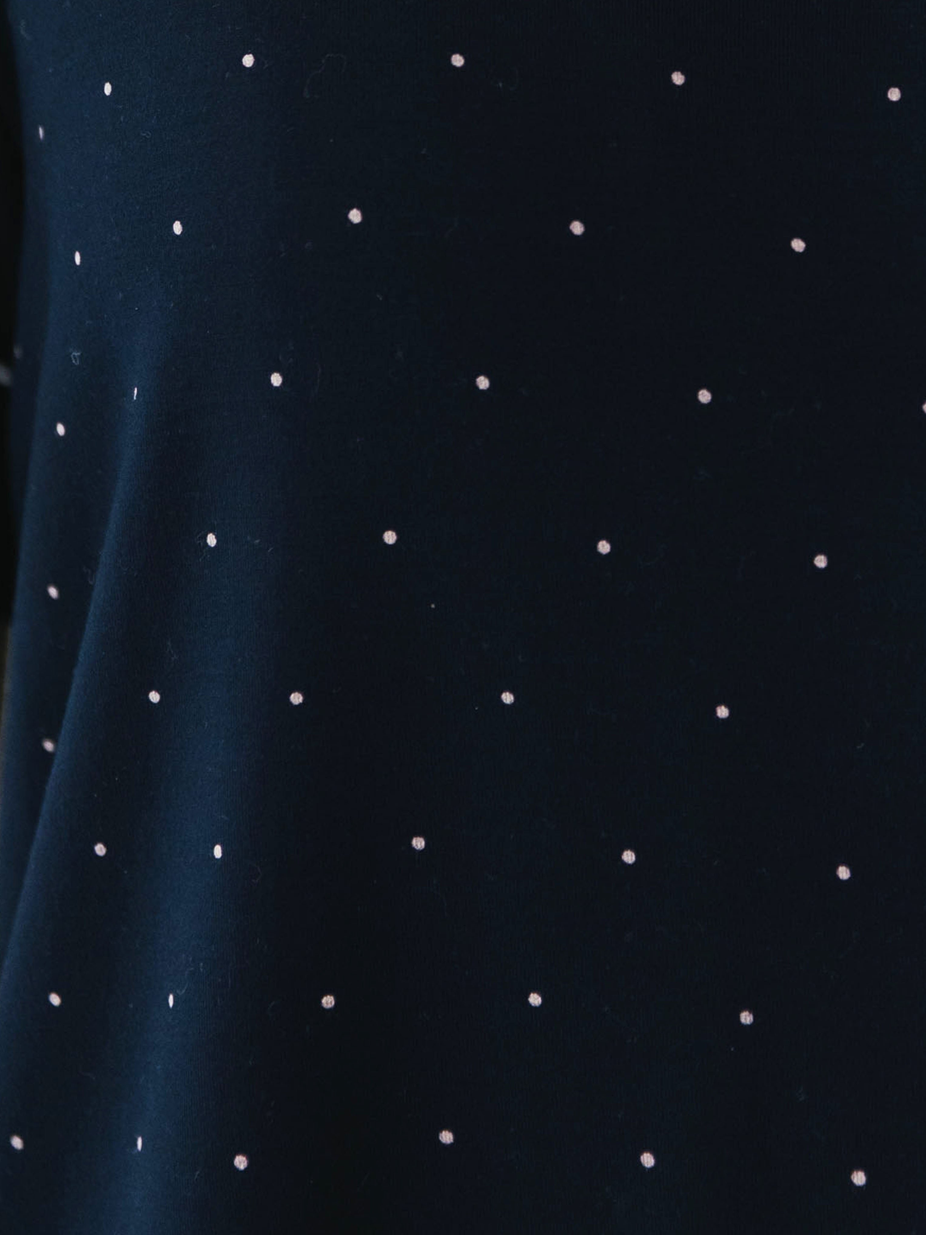 Mini Dot Sleeve & Pant Bamboo Pajama Set. The photo was taken close up, showing off the print of the pajamas. 