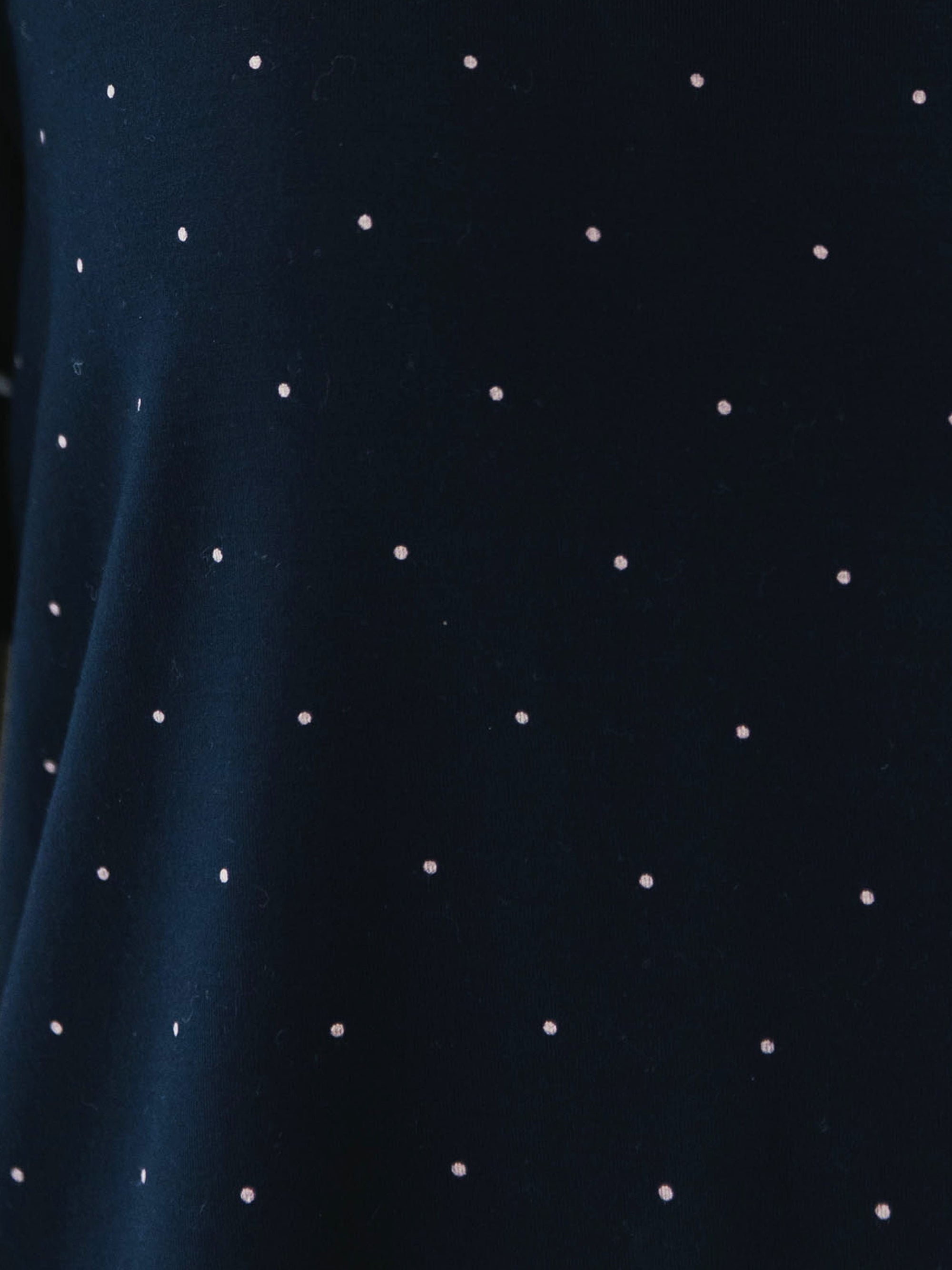 Mini Dot Sleeve & Pant Bamboo Pajama Set. The photo was taken close up, showing off the print of the pajamas. 