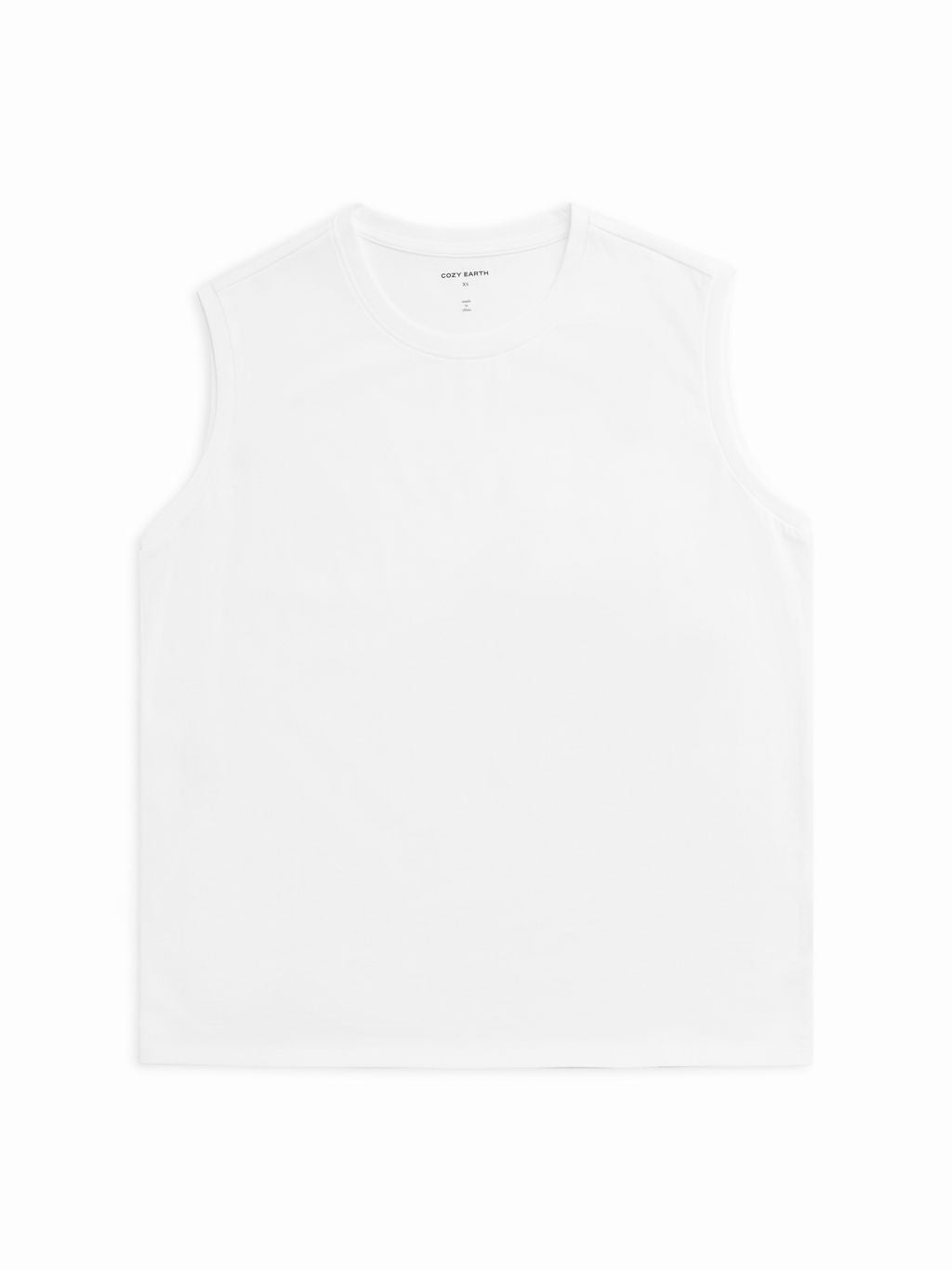 Cozy Earth Women's All Day Sleeveless Tee in White lies on top of a white background. 