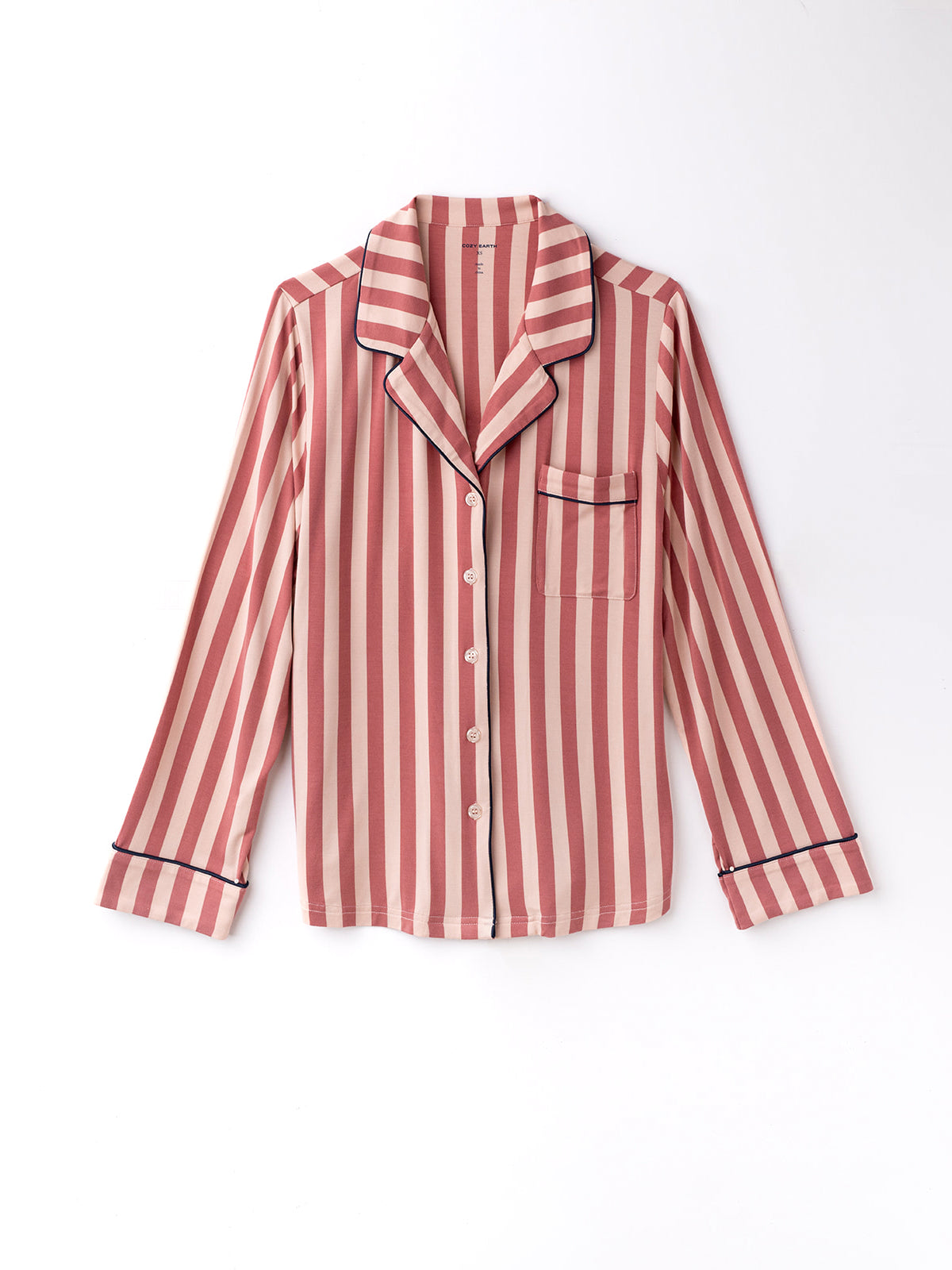 Flat lay of long sleeve blush stripe pajama top with white background 