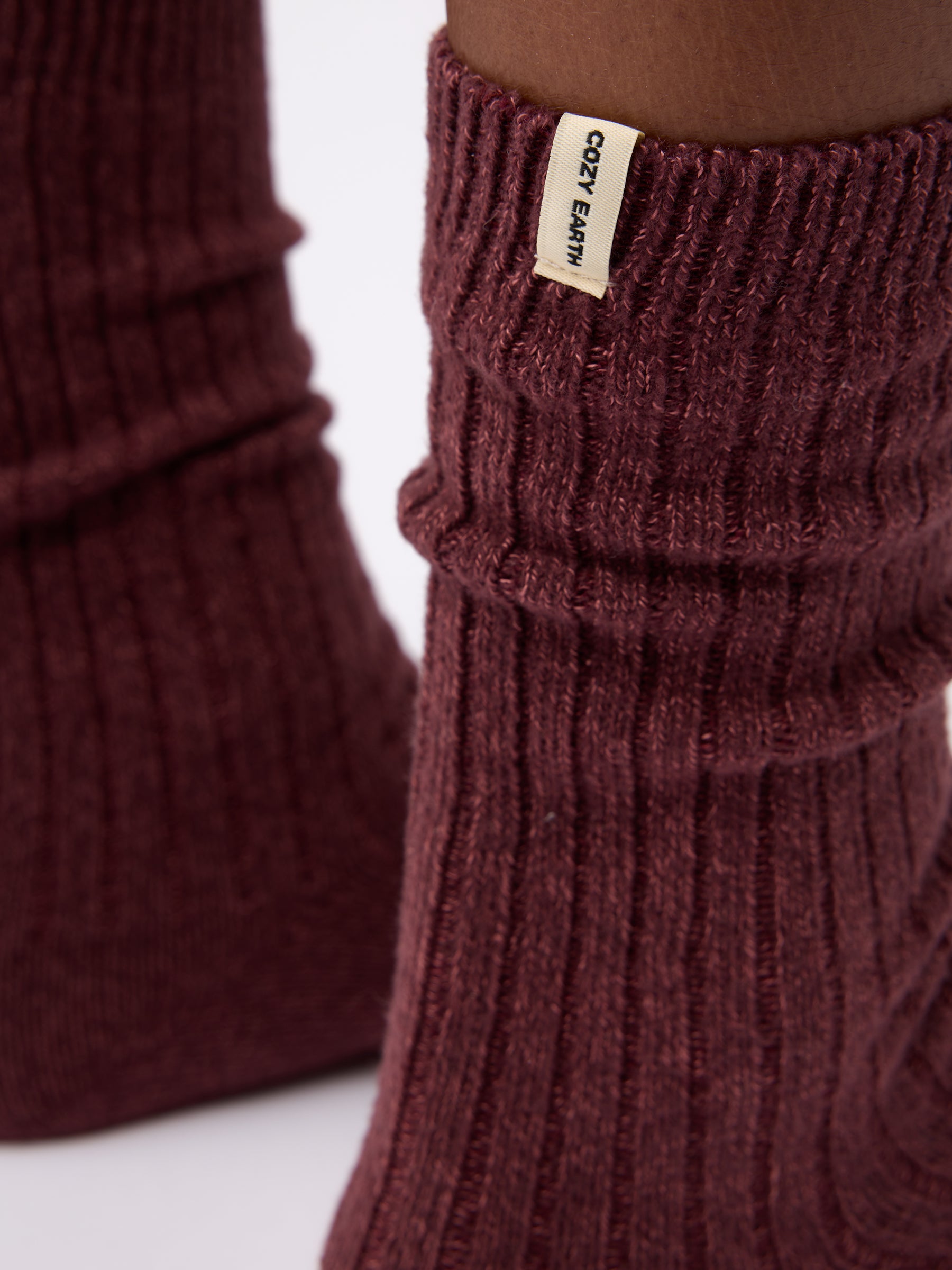 Close-up of tag on Cozy Earth Plush Lounge Calf Sock in Burgundy 
