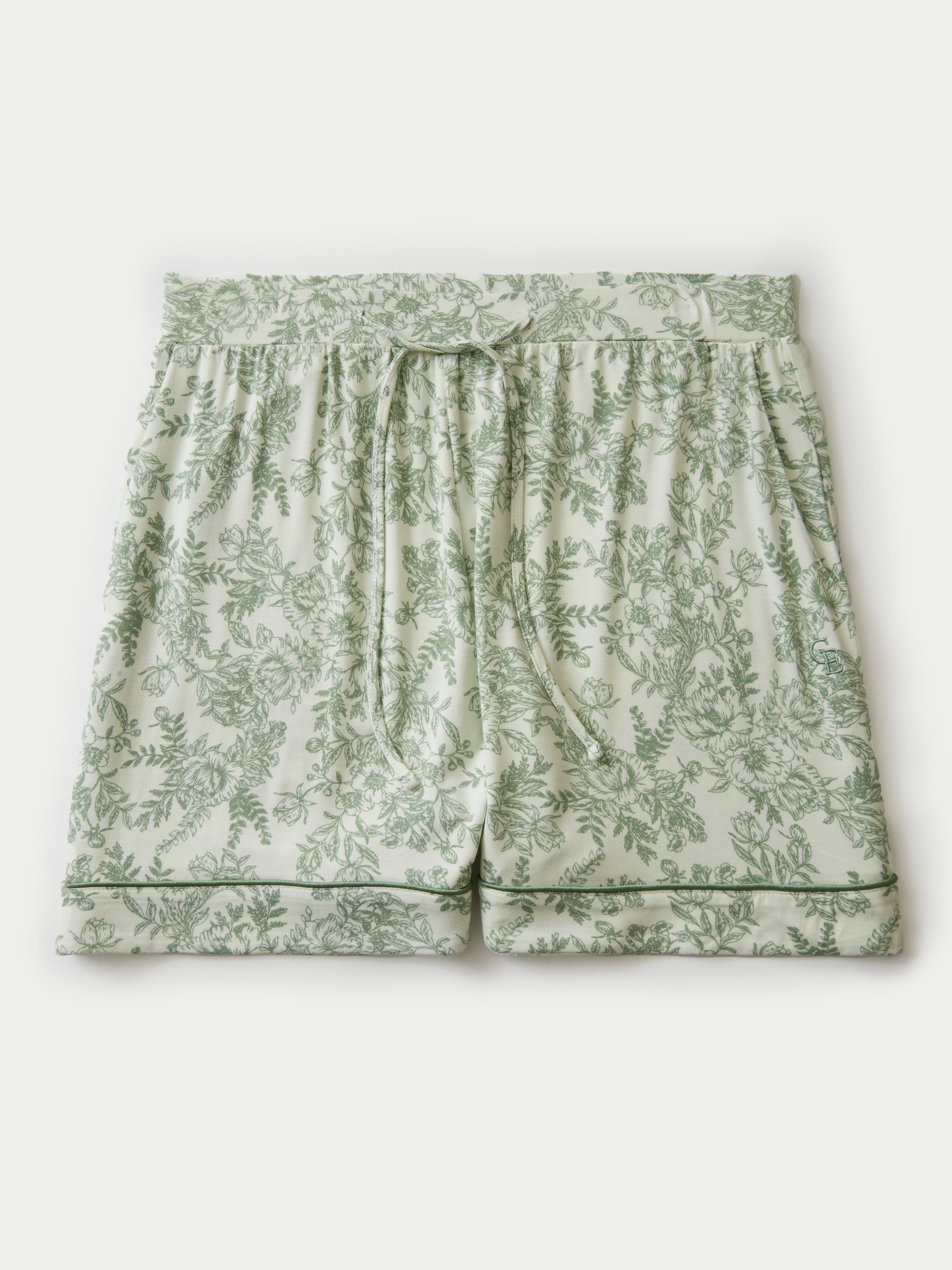 Flat lay of celadon toile pajama shorts 