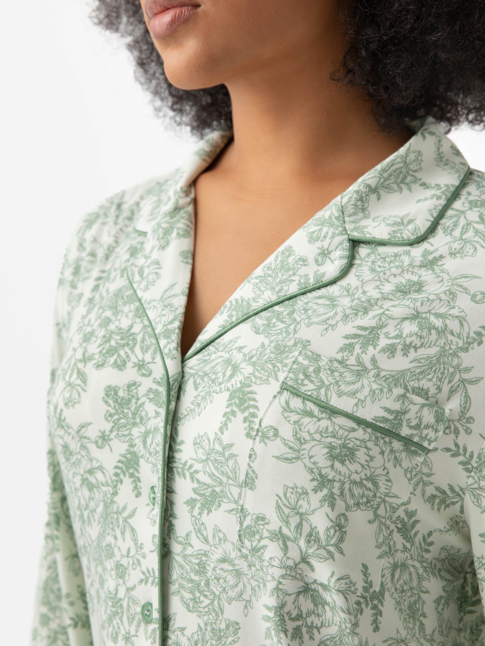 Close up of collar on celadon toile pajama top 