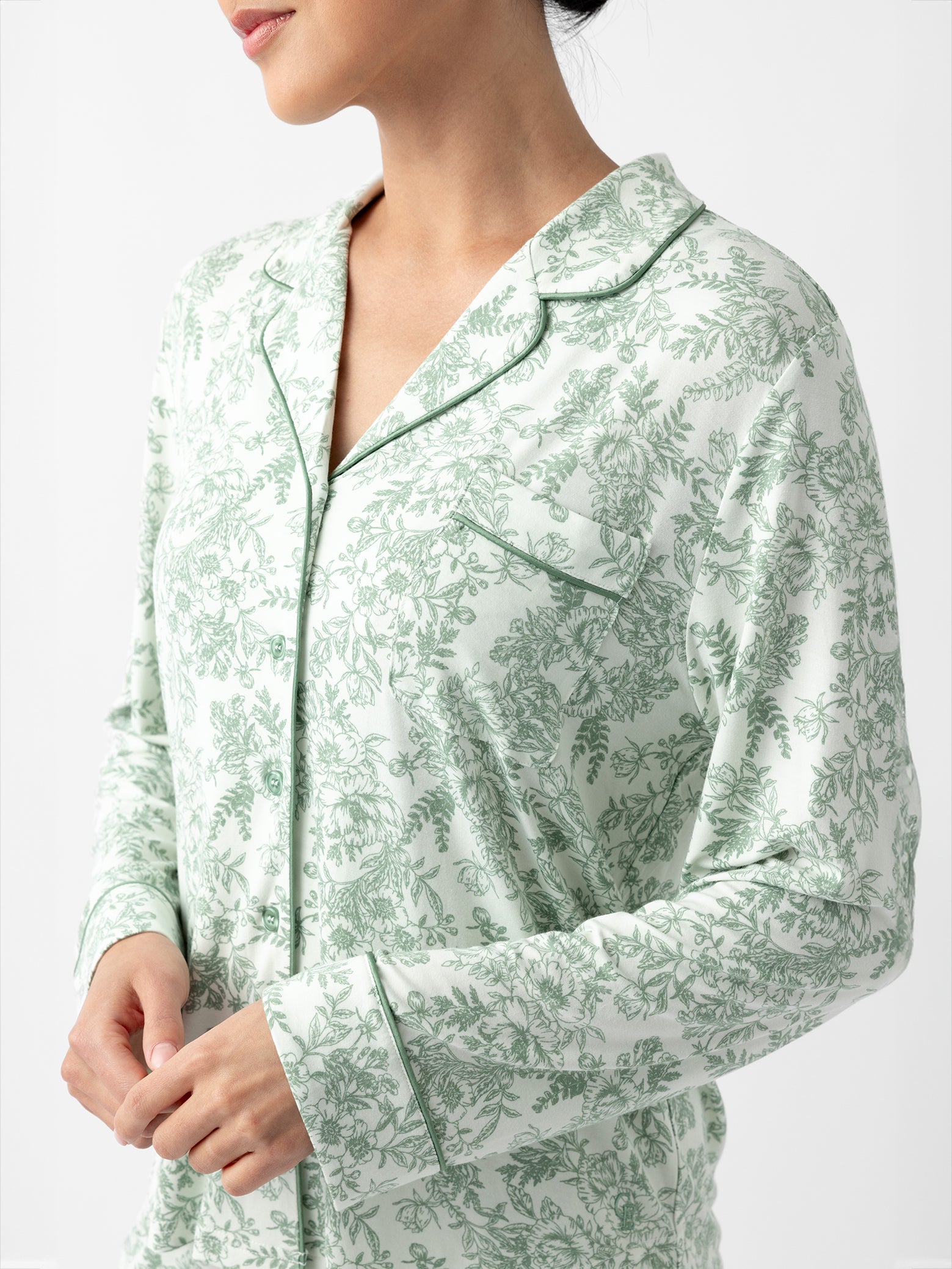 Close up of woman in celadon toilde pajama top 
