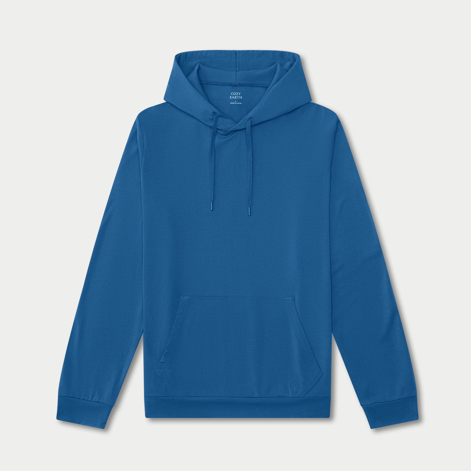 Cobalt Bamboo Hoodie. Photo of hoodie taken in front of white background.